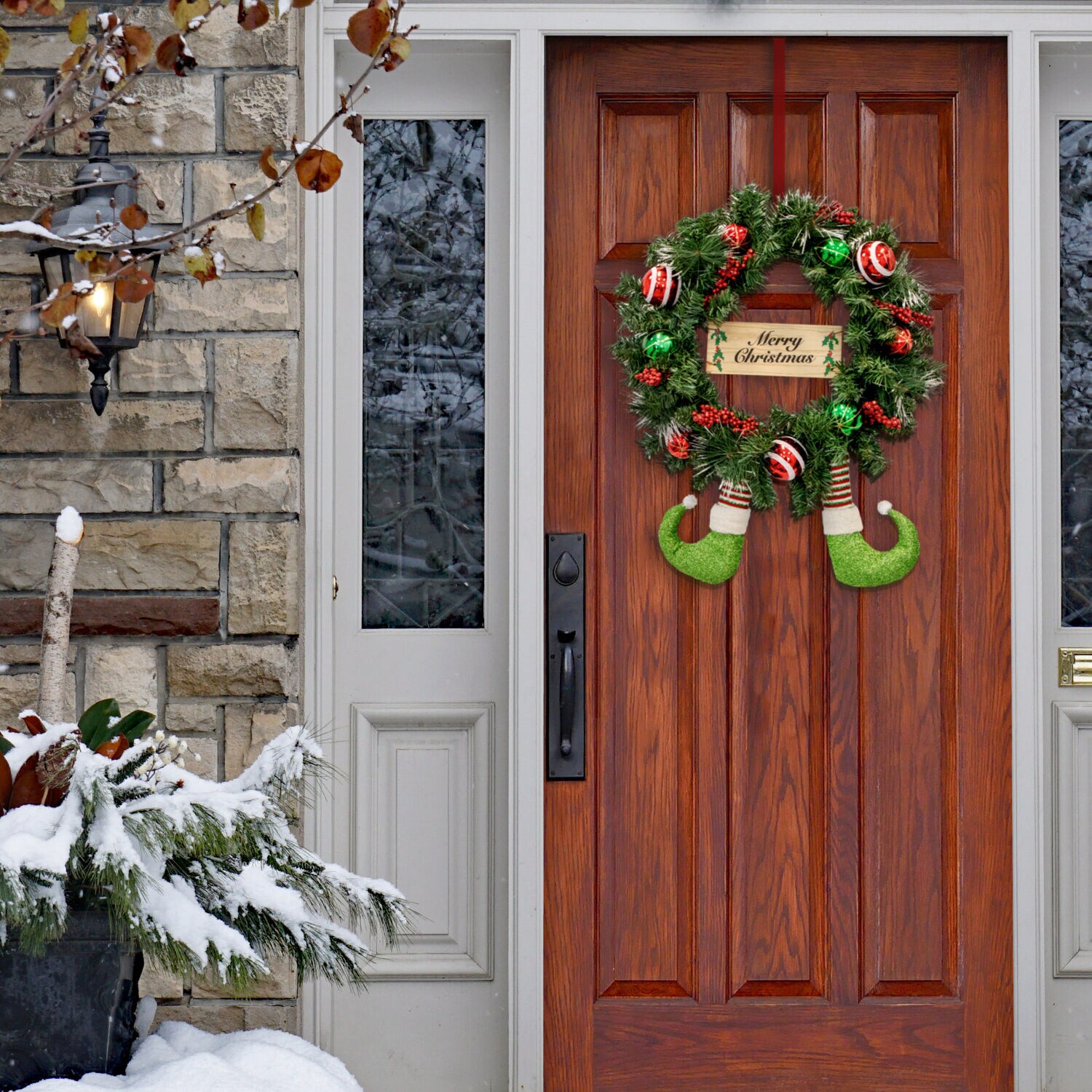 24-Inch Artificial Pine Christmas Wreath with Elf Boots and Ornaments