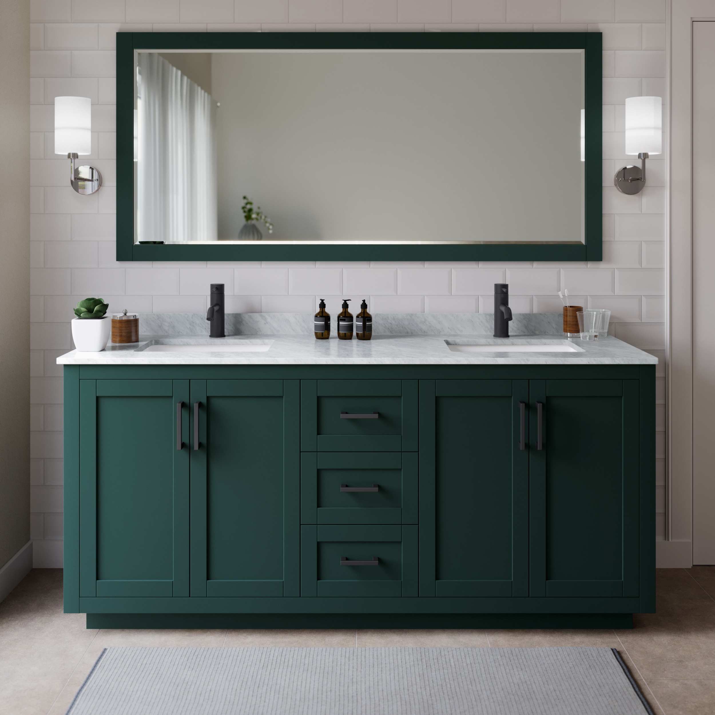 Wyndham Collection WCF292972DGKCMUNSMXX Miranda 72-in Green with Matte Black Trim Undermount Double sink Bathroom Vanity with White Carrara Marble Marble Top