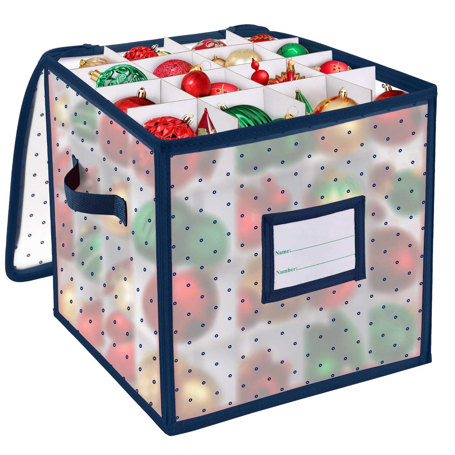 KIWDZFU  Christmas Ornament Storage Box Blue Holds 64 Decorations up to 3 Inch with Adjustable Dividers Durable Waterproof Organizer with Handles