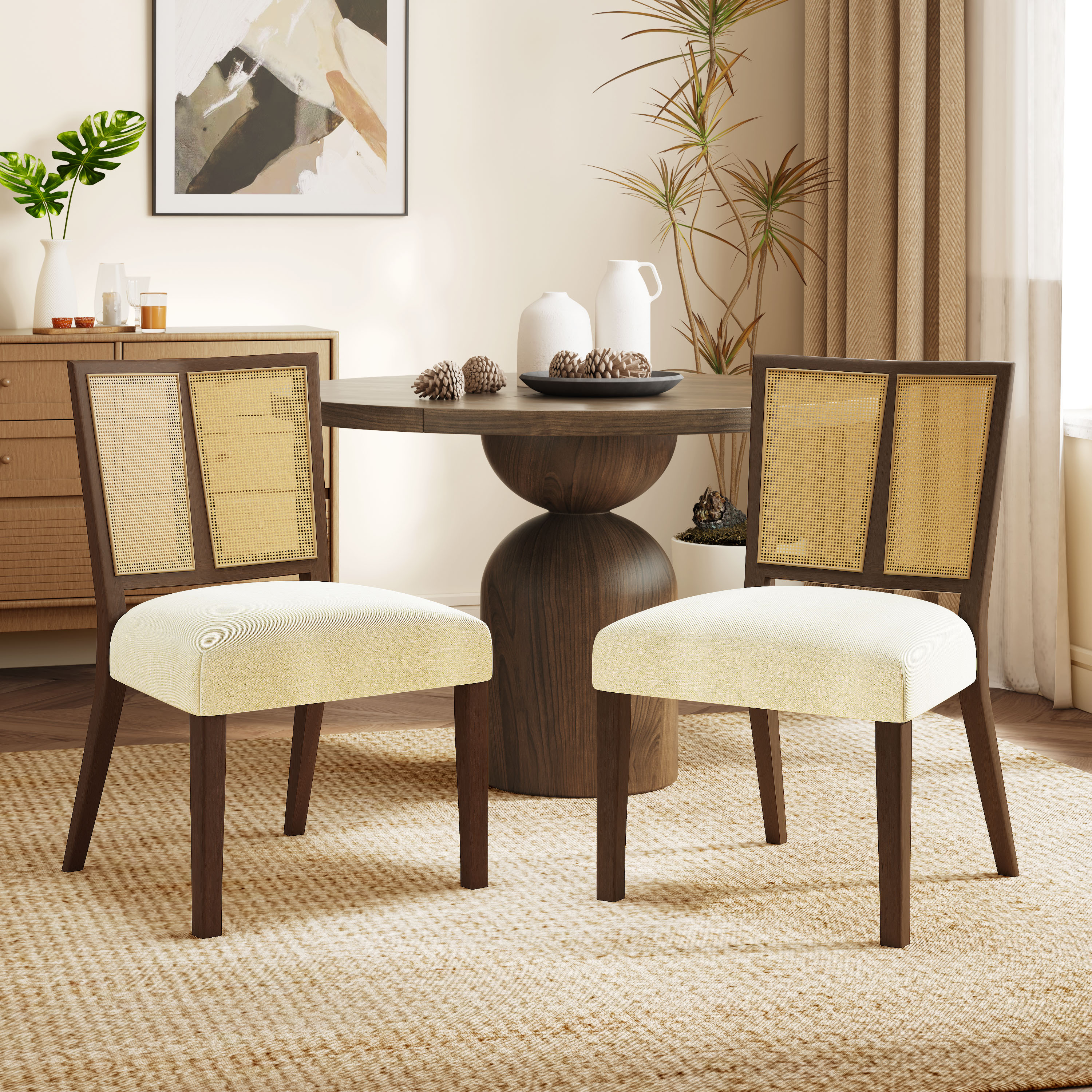 Christopher Knight Home 326222 Rattan Dining Chairs without Arm (Set of 2) Walnut Finish Beige