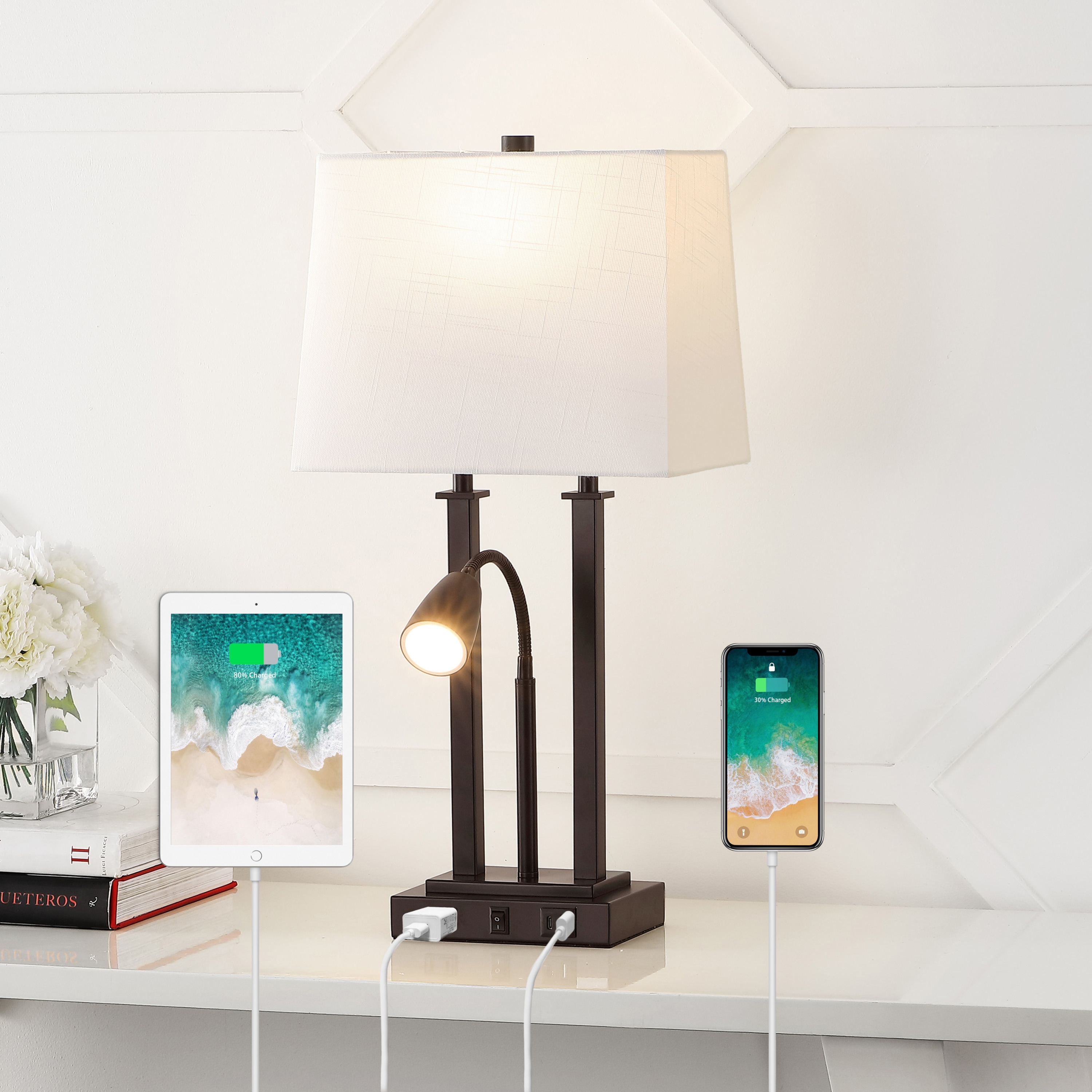 JONATHAN  Y JYL1144A Blaire Modern Farmhouse 23.75-in Oil Rubbed Bronze LED Incandescent On/Off switch Table Lamp with Linen Shade