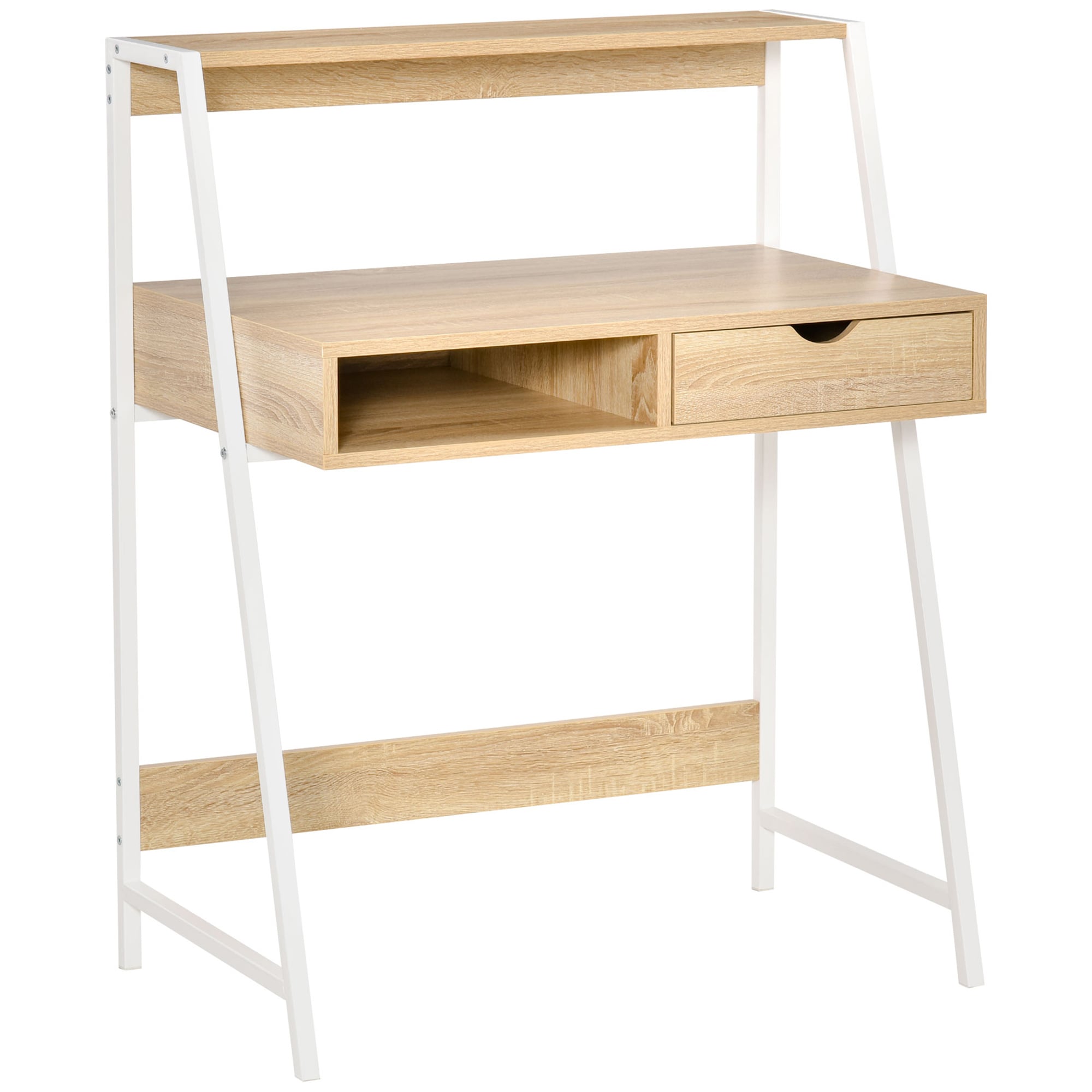  Home Office Desk Computer Desk with A Frame for Small Spaces Writing Table with Drawer and Storage Shelves Natural