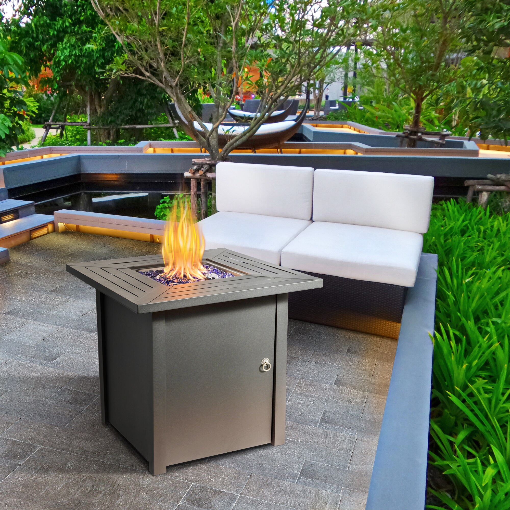 Black Steel Square Propane Fire Pit Table with Ceramic Top