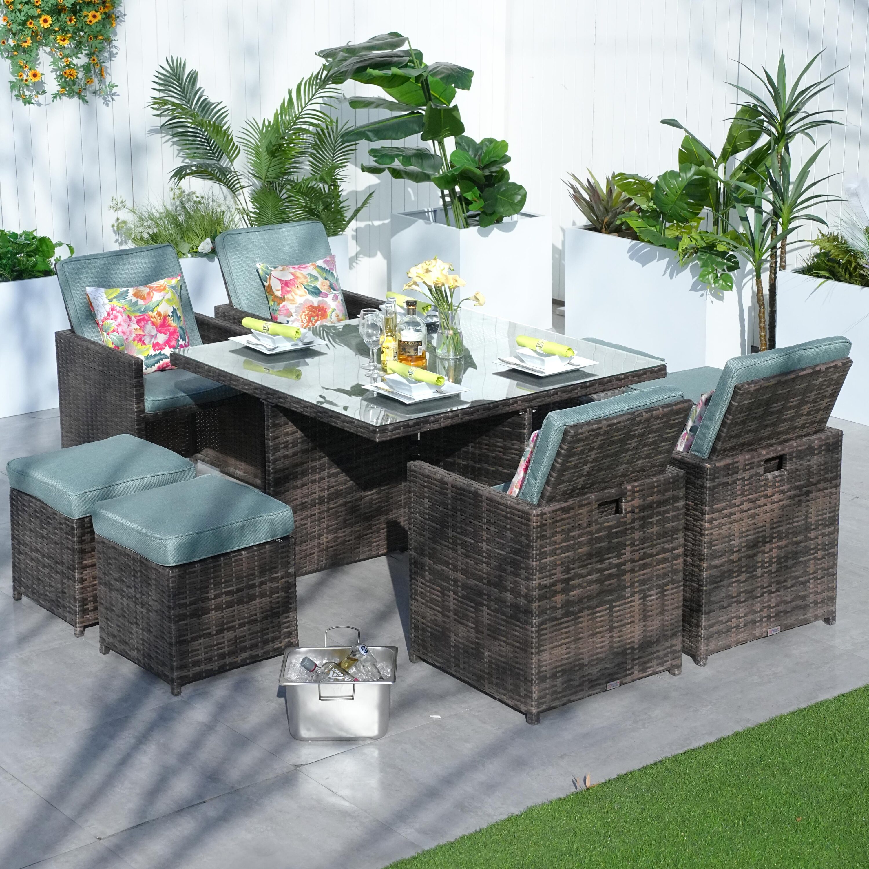 Direct Wicker DWD-3234BR-CE 11 -Piece brown Wicker Patio Dining Set Wicker Rectangle Table with 6 Green Cushions Stationary Chairs