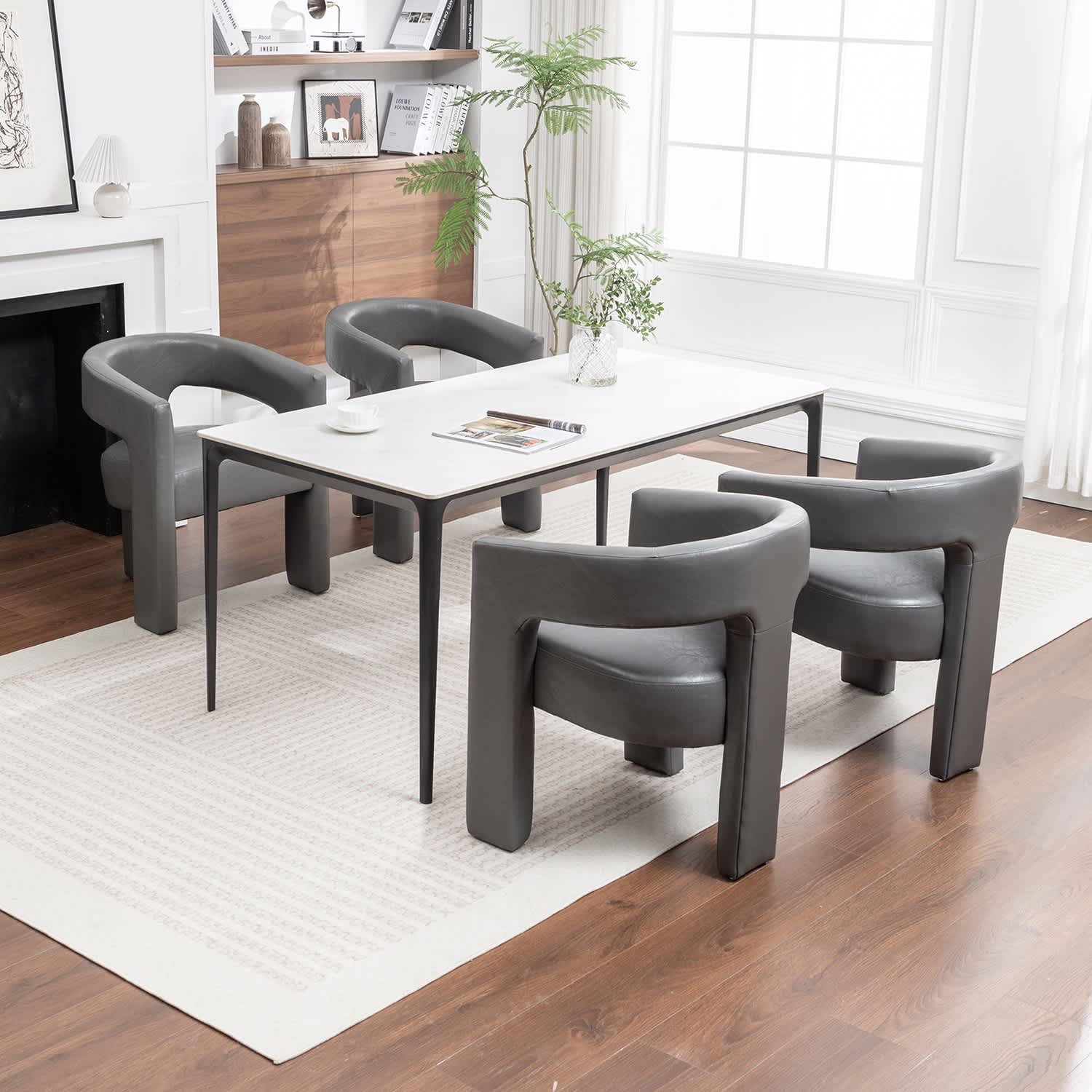 SEYNAR CE709-GREY-S4 Modern Glam PU Leather Upholstered Dining Chair Open Back Accent Chair Set of 2