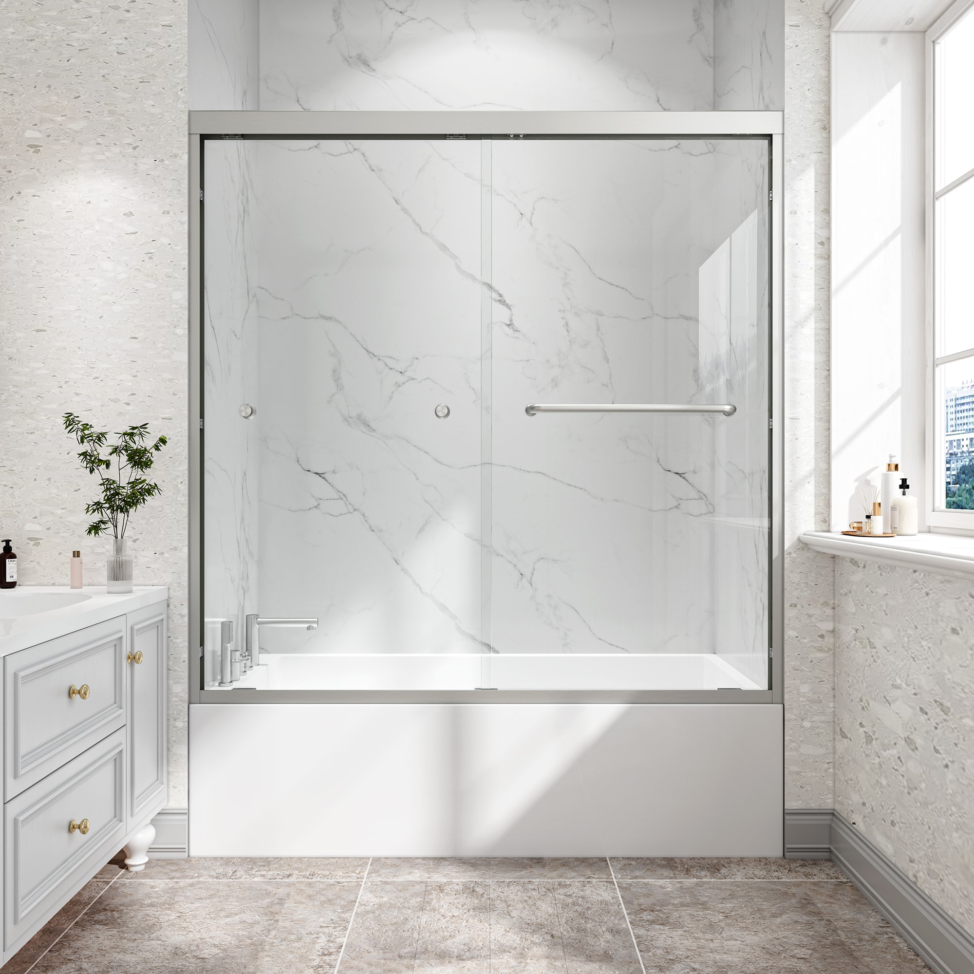 LOVMOR 55-60 in W x 60 in H Brushed Nickel Reversible Installation Double Bypass Sliding Shower Door Aluminium Brushed Nickel #SF-WS-W2517P433891