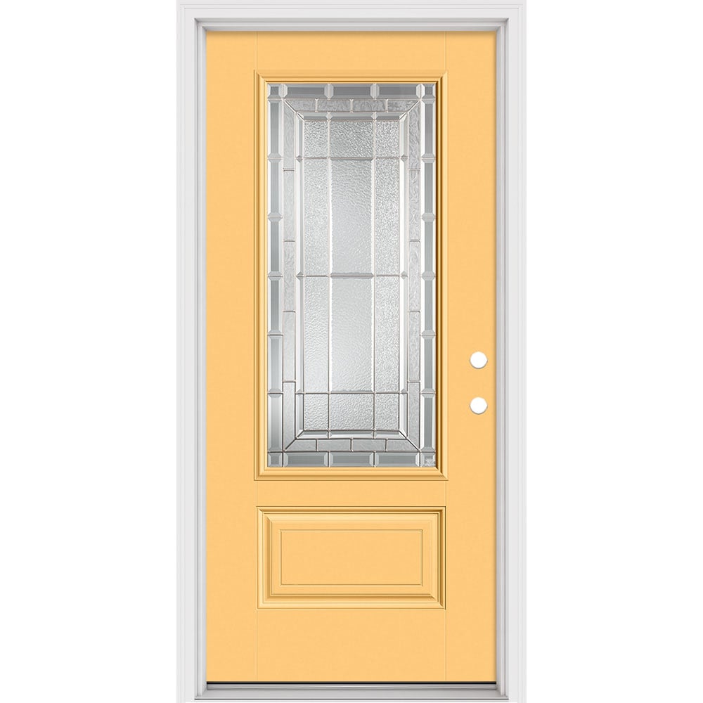 Masonite 631148 Sequence 36-in x 80-in x 4-9/16-in Fiberglass 3/4 lite Left-hand inswing Cabana Yellow Painted Prehung Front Door with Brickmould Insulating core