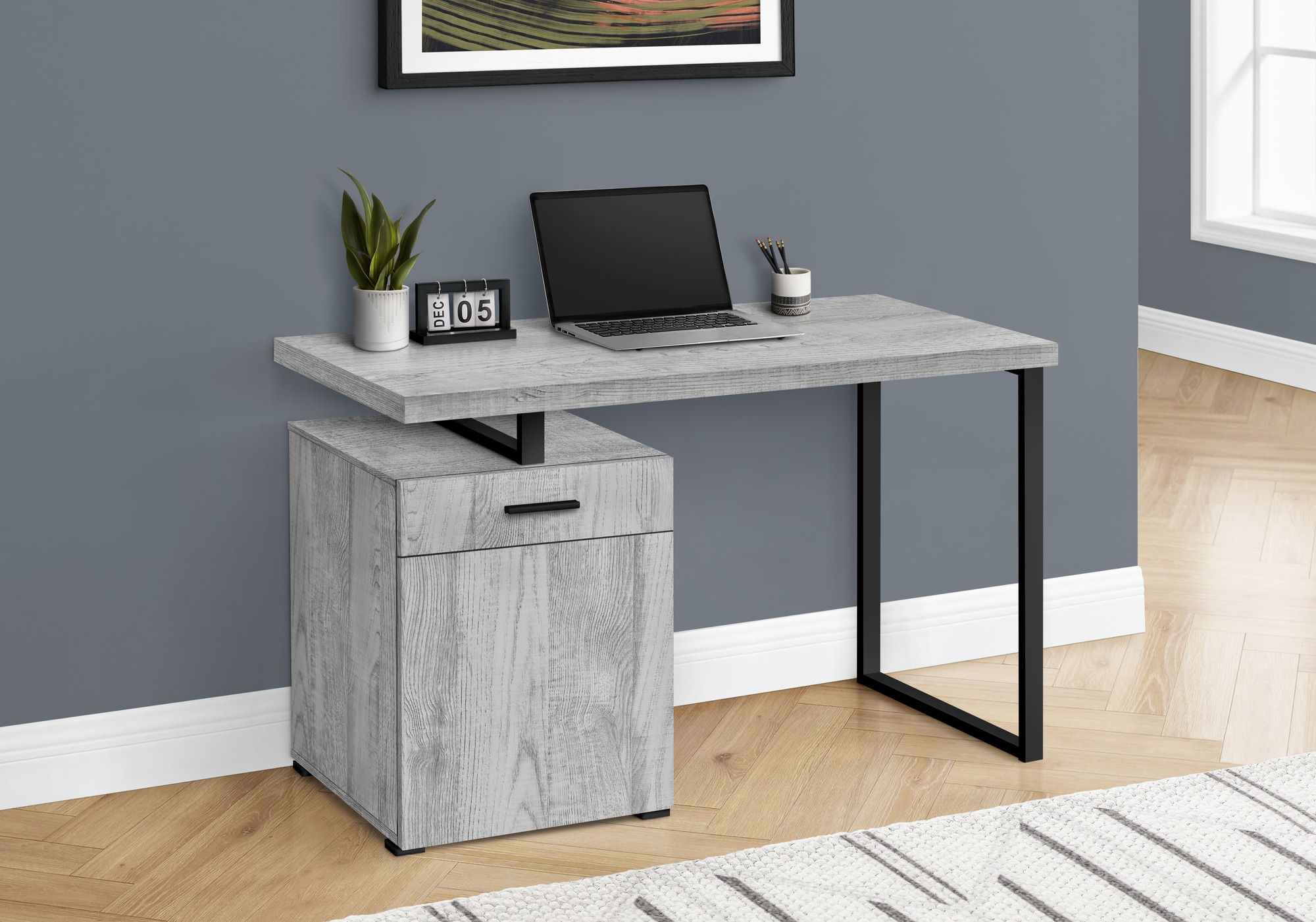 Tatayosi JL-219937 48 Inch Grey Computer Desk with Reversible Storage and Black U Frame