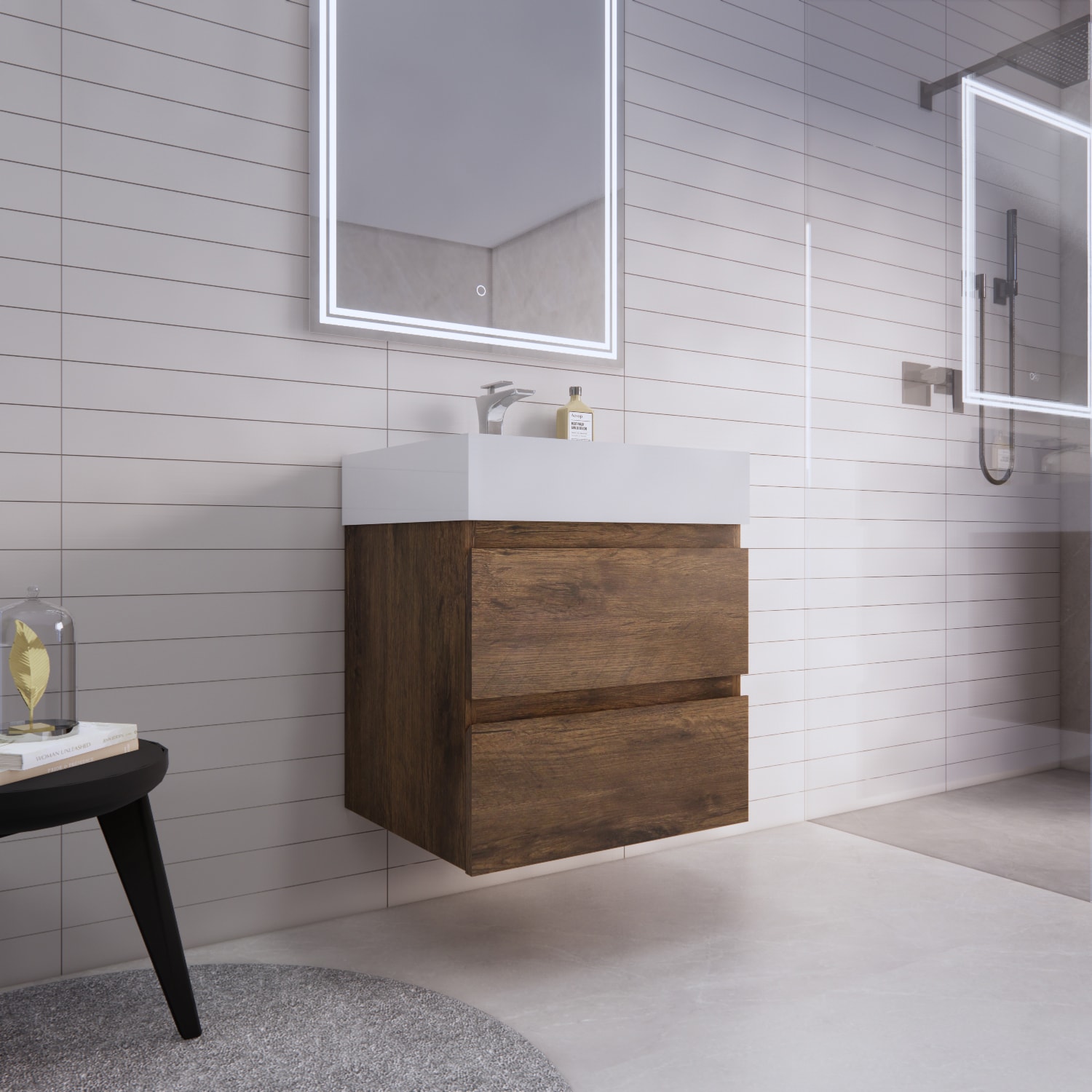 Vanity with mirror and shower area in bathroom