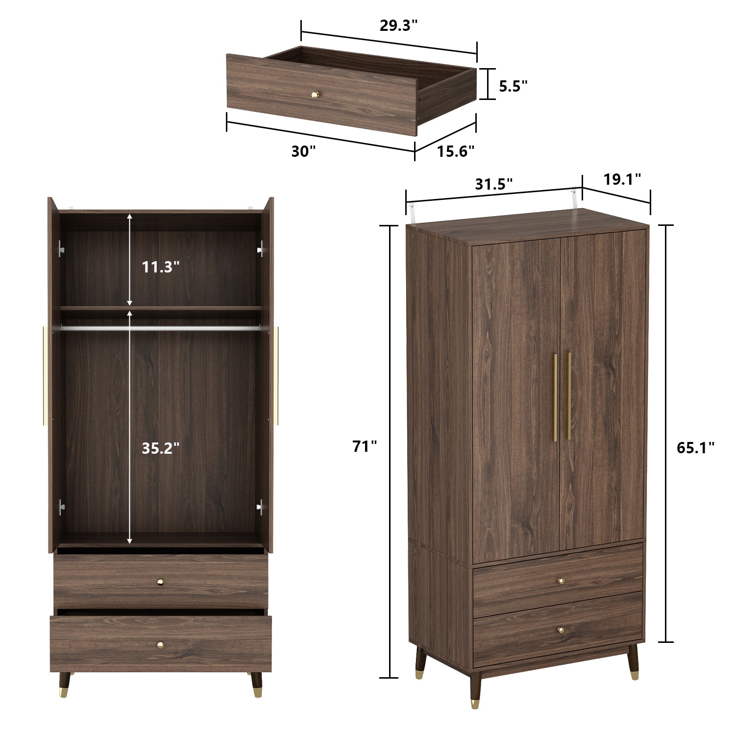 FUFU&GAGA Rustic Wardrobe Closet with Drawers and Full-Length Hanging ...