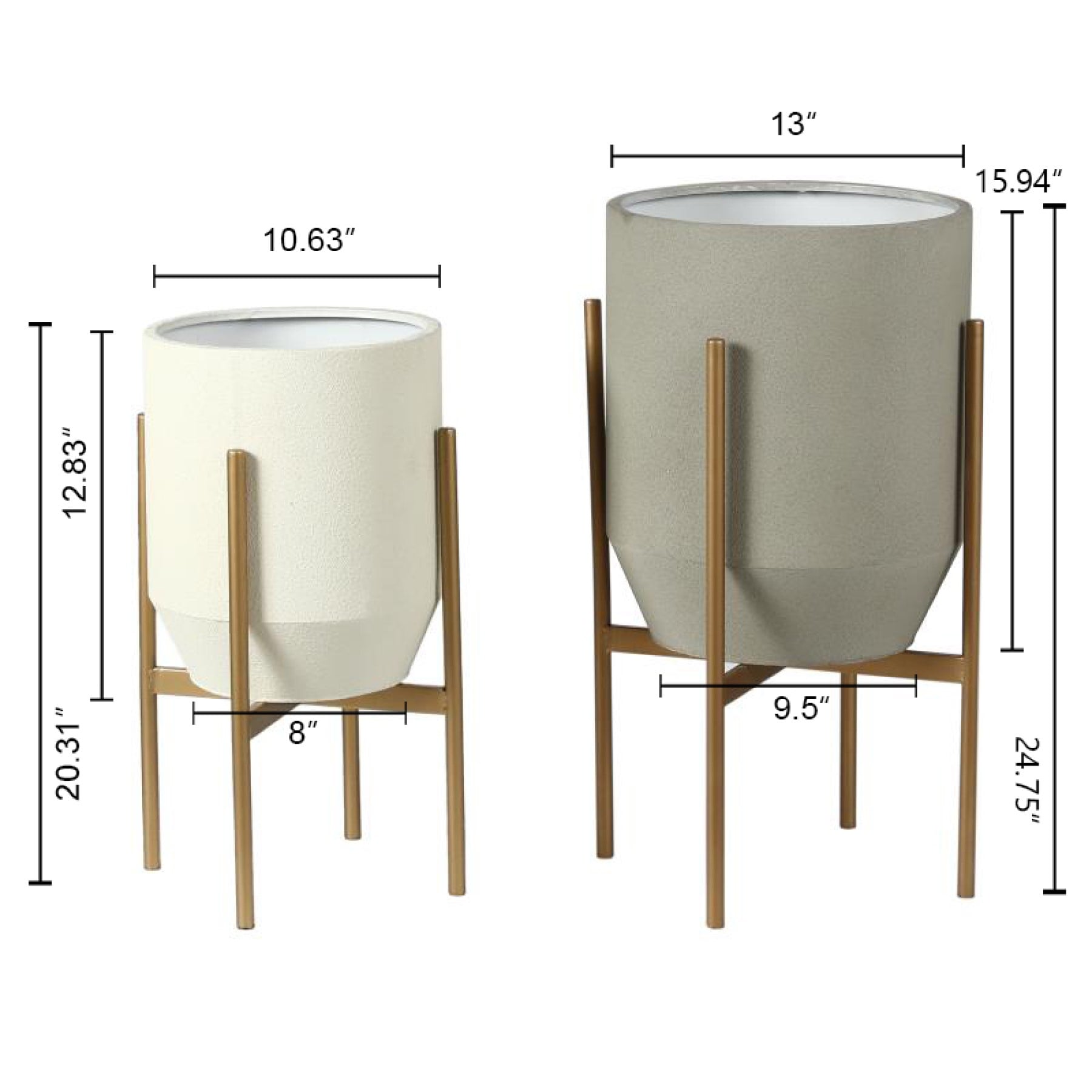 Set of 2 Gray and Off White Metal Planters with Gold Stand