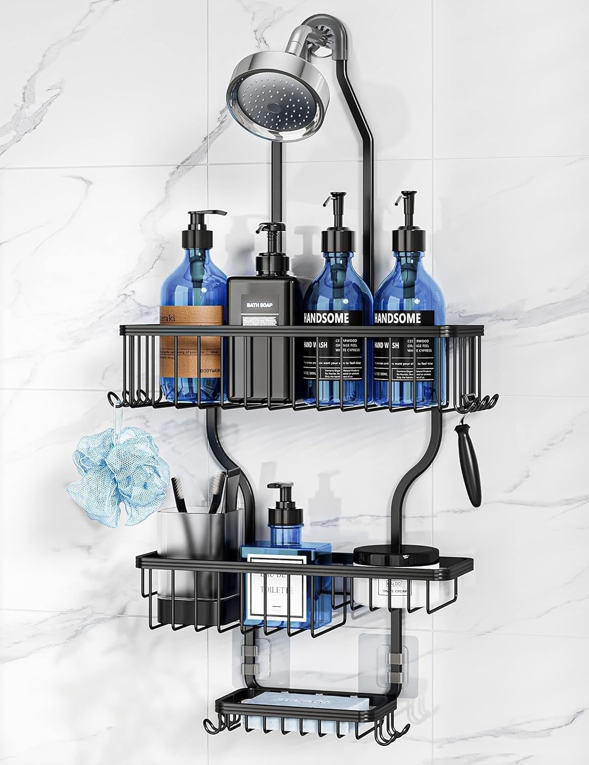 Etokfoks  13 in L x 26 in H Black Aluminum Hanging Shower Organizer with 3 Baskets Hooks Soap Holder for Shower