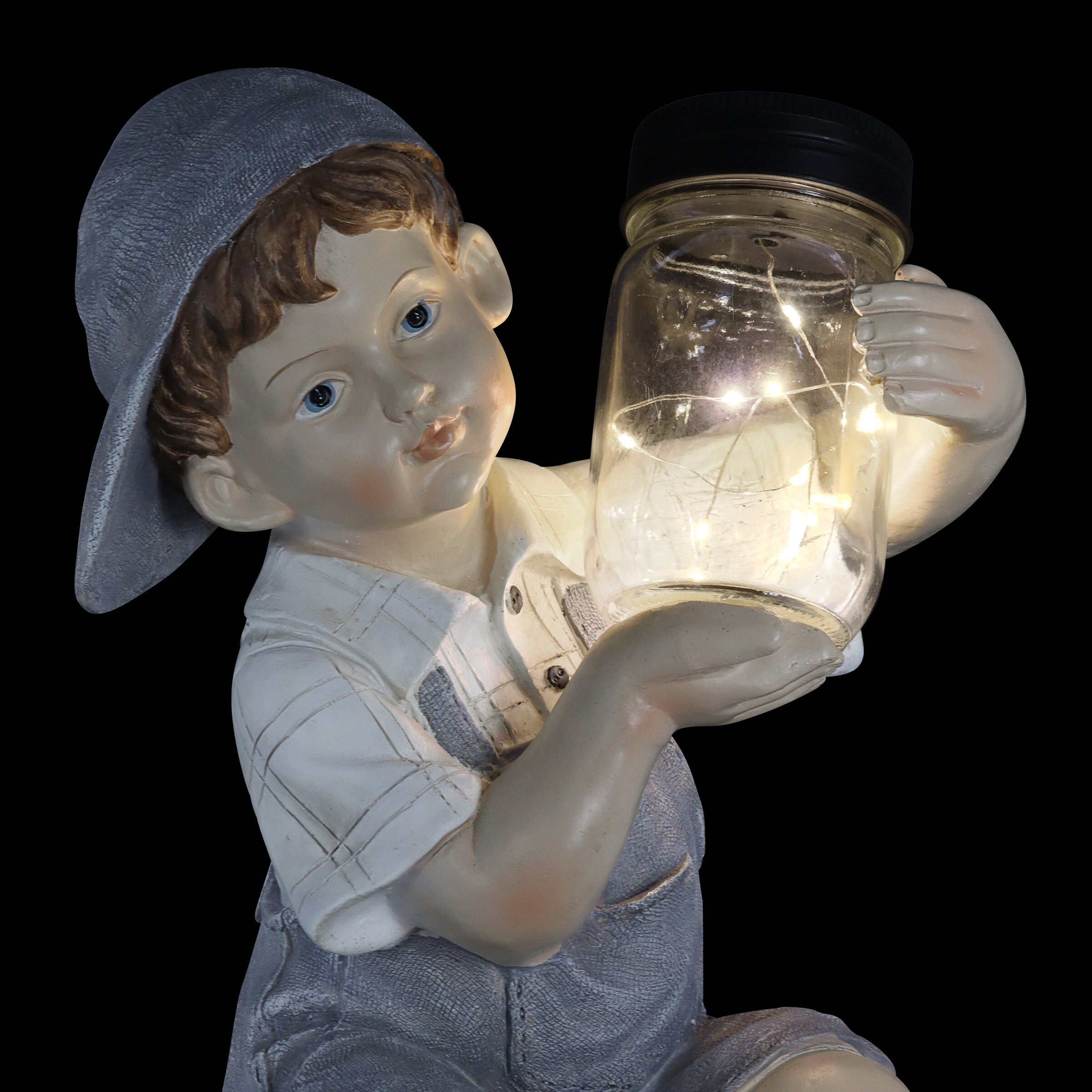 Exhart Solar Boy Holding a LED Firefly Jar, 18 Inches Tall with Multi Color