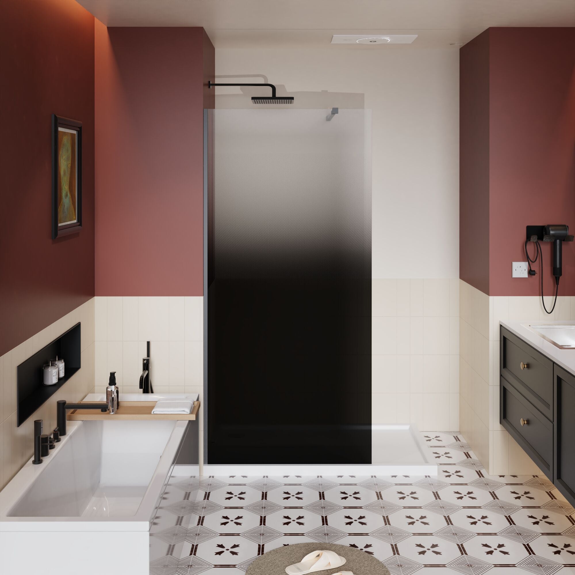 GDFStudio 34 in. W x 72 in. H Modern 1/4 in. (6mm) Tempered Glass Walk-In Shower Panel with Gradient Privacy Glass and Support Rod - Matte Black
