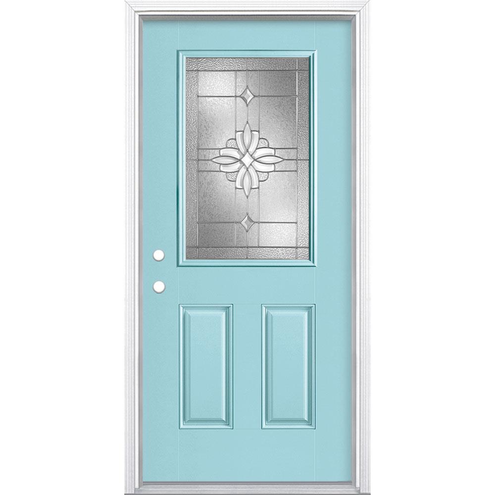 Masonite 997092 Laurel 36-in x 80-in Fiberglass Half Lite Right-Hand Inswing Caribbean Blue Painted Single Front Door with Brickmould Insulating Core
