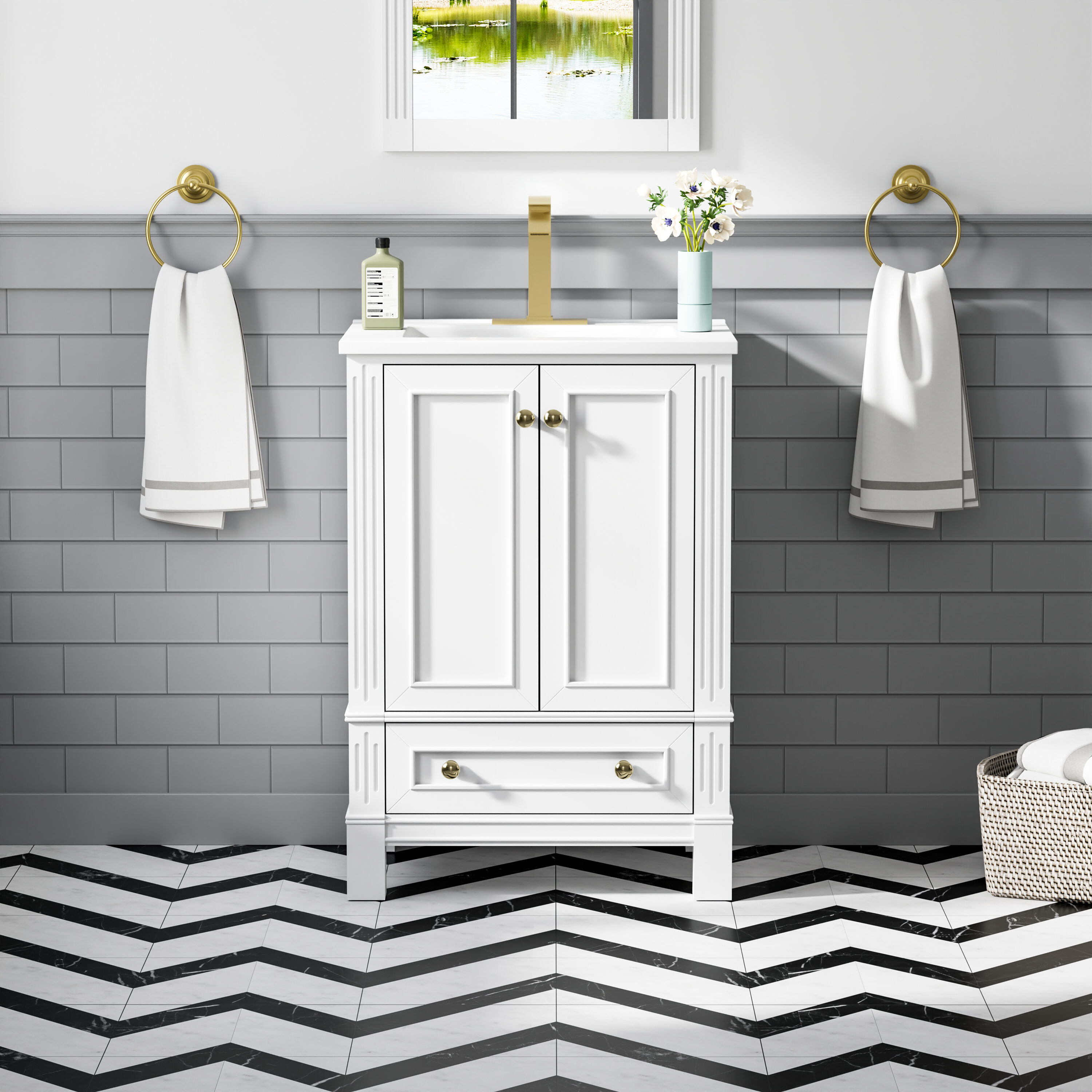 WELLFOR FL30MCL-GY DURA Assemble Required Solid Wood 24-in White Single Sink Bathroom Vanity with Pure White Ceramic Top