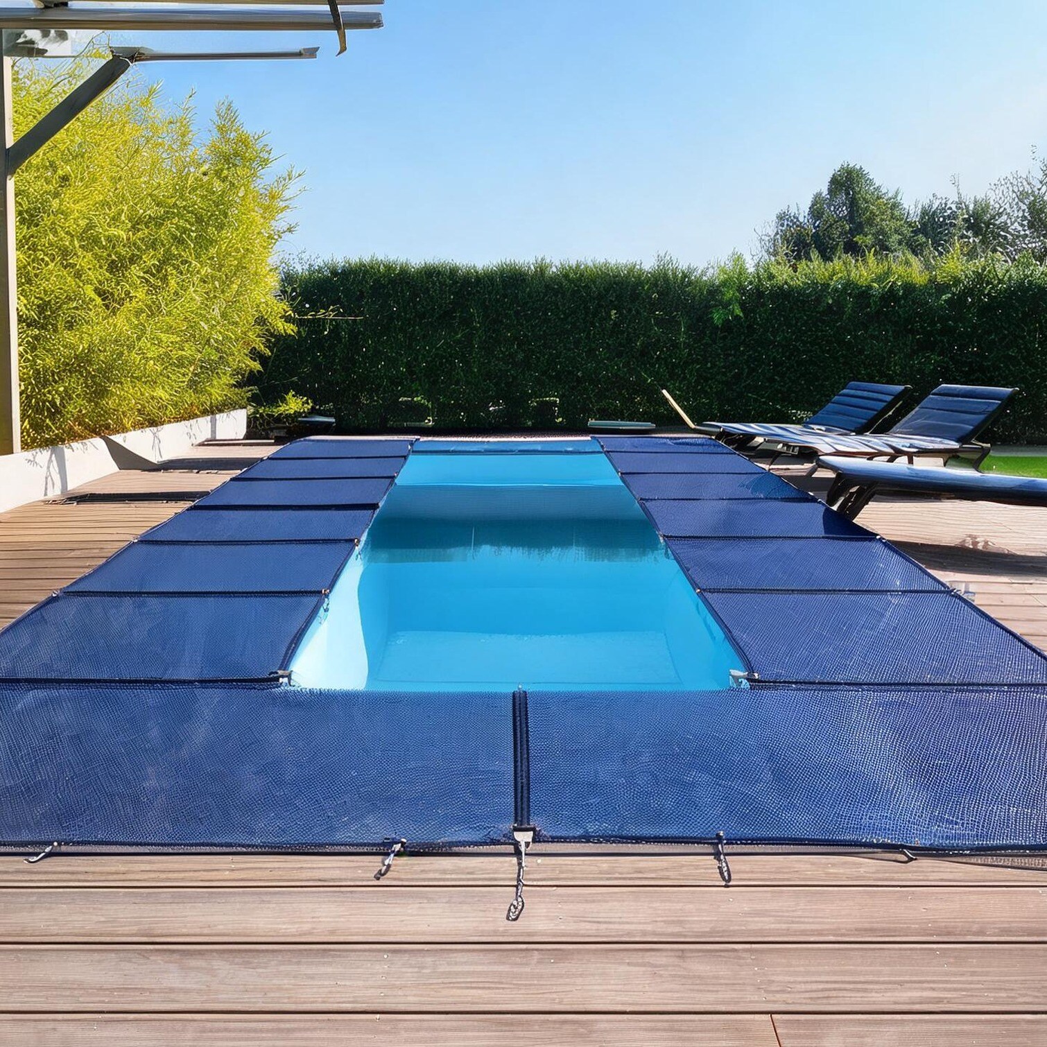 sunjurt Other Bedroom Furniture - Blue mesh triple-stitched inground pool safety cover with center step 18x36 ft