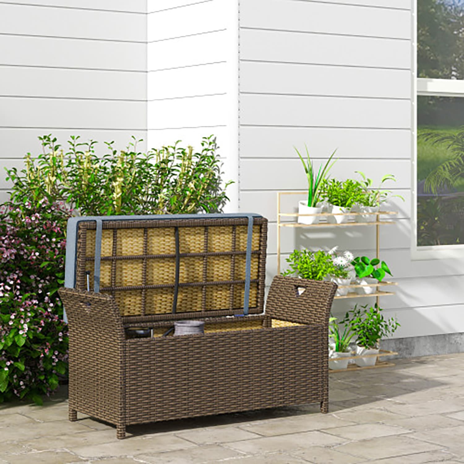 GZMR GM-AB-74026 Outsunny 27 Gallon Patio Wicker Storage Bench 41.25 W x 20.25-in H Brown Wicker Steel Garden Bench