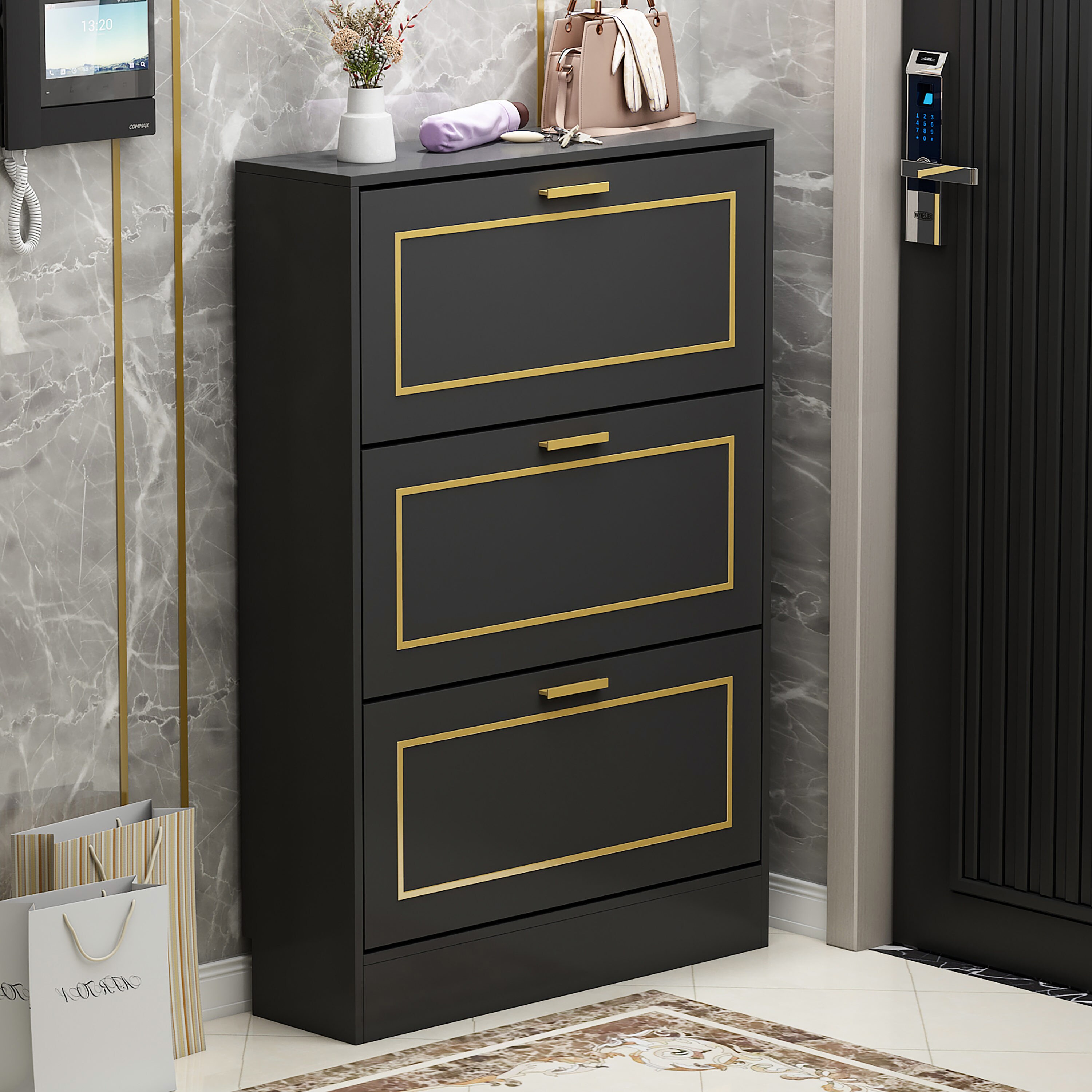 FUFU&GAGA 47.2-in H 3 Tier 18 Pair Black Composite Shoe Cabinet in