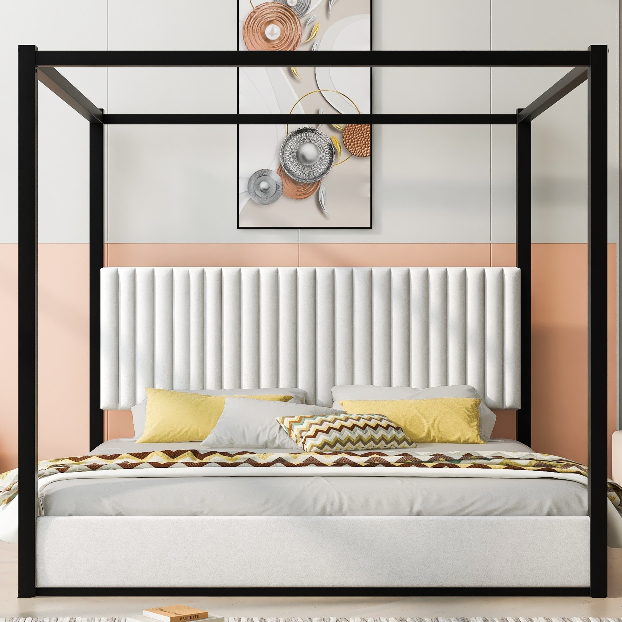 Horizons Prime King Size White Velvet Upholstery Canopy Platform Bed with Headboard and Metal Frame