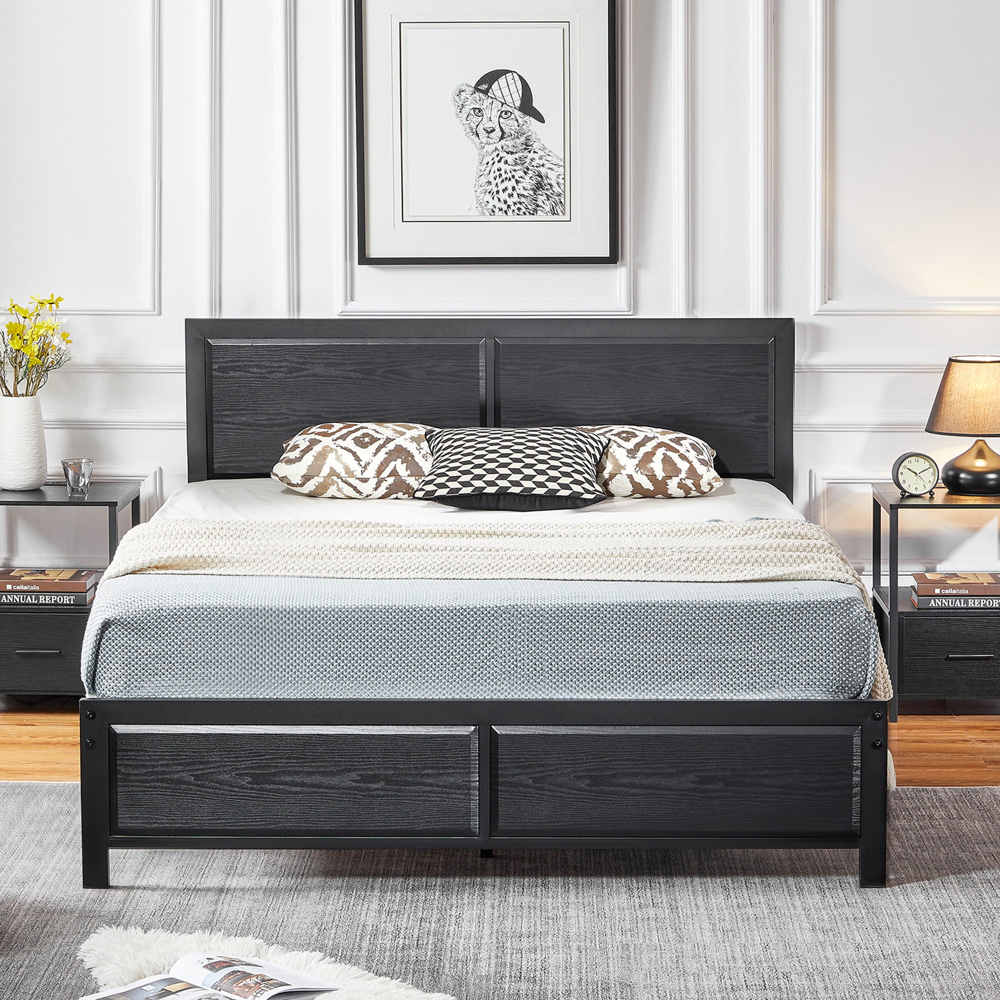 Vecelo LOE-BTJ-MBF04-BLK Full Size Platform Bed Frame with Black Headboard Strong Metal Slats Support Easy Assembly
