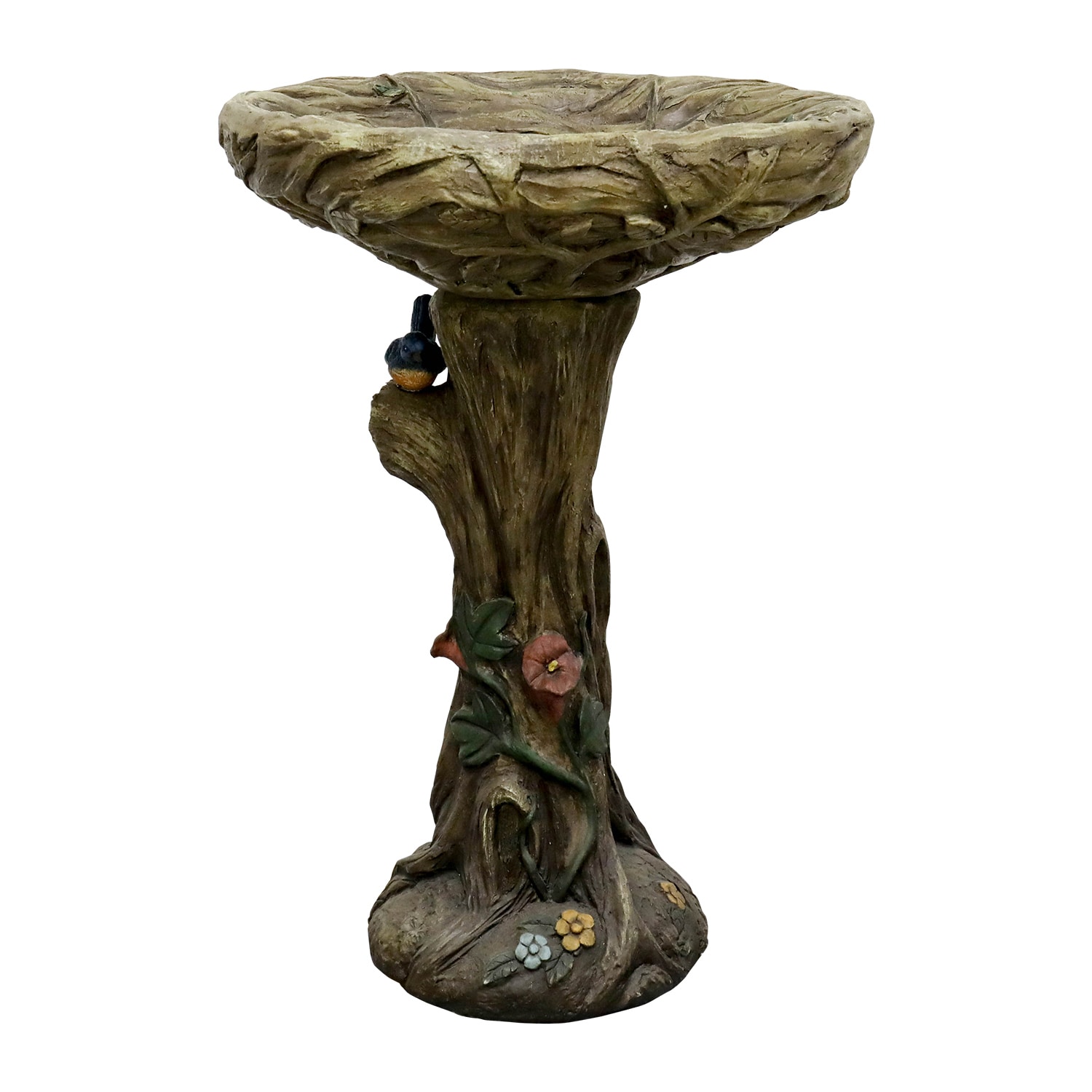 SunJet 25 Inch Heigh WoodLook Concrete Bird Bath with Decorative Faux Bird birdbath Rustic and LongLasting Design Enhances Garden Patio Yard Lawn Decor