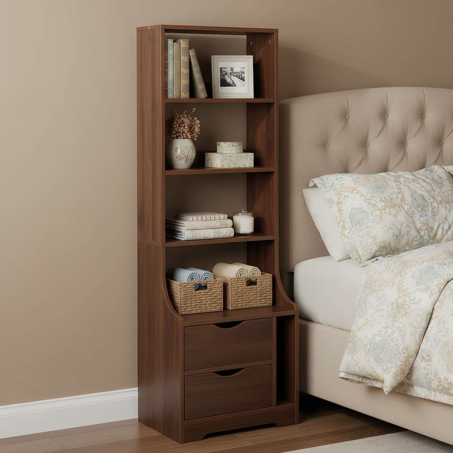 VERYKE Tall Night Stand with Bookshelf 2 Drawers Open Shelving Storage ...