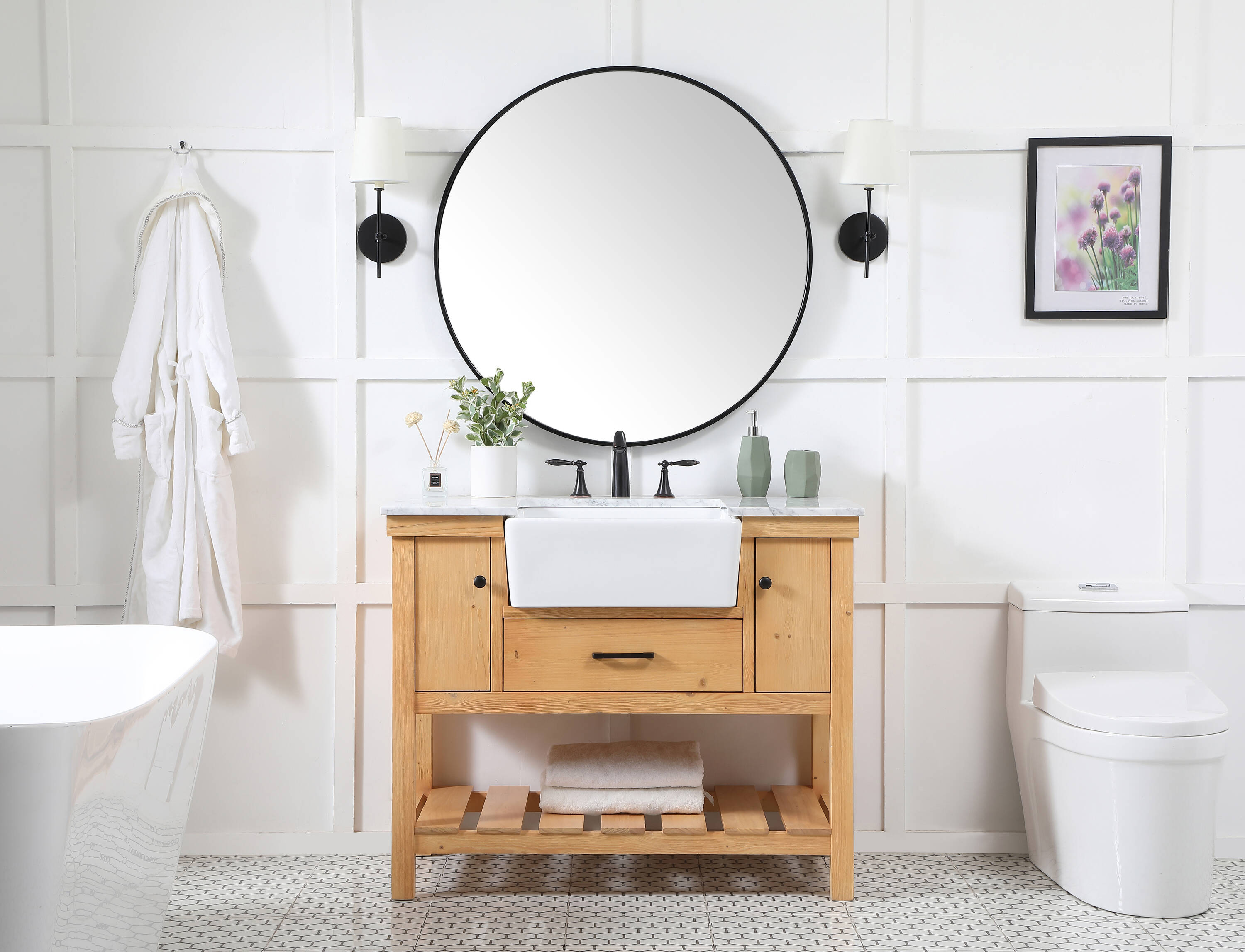 Natural Wood Single Sink Vanity with White Marble Top