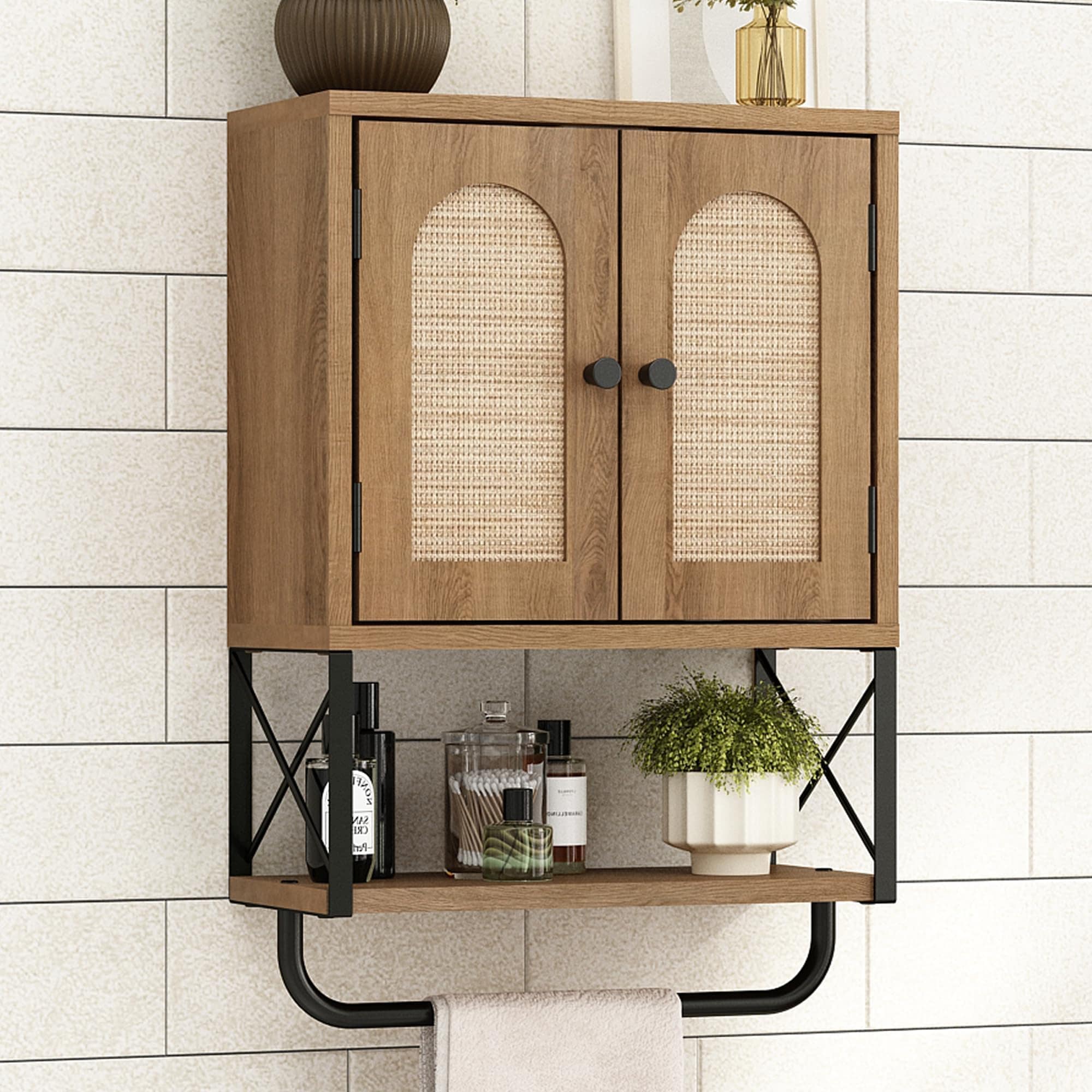Lovav Rattan Bathroom Wall Cabinet Boho Arched Doors Adjustable Shelves Towel Bar Rustic Oak Small