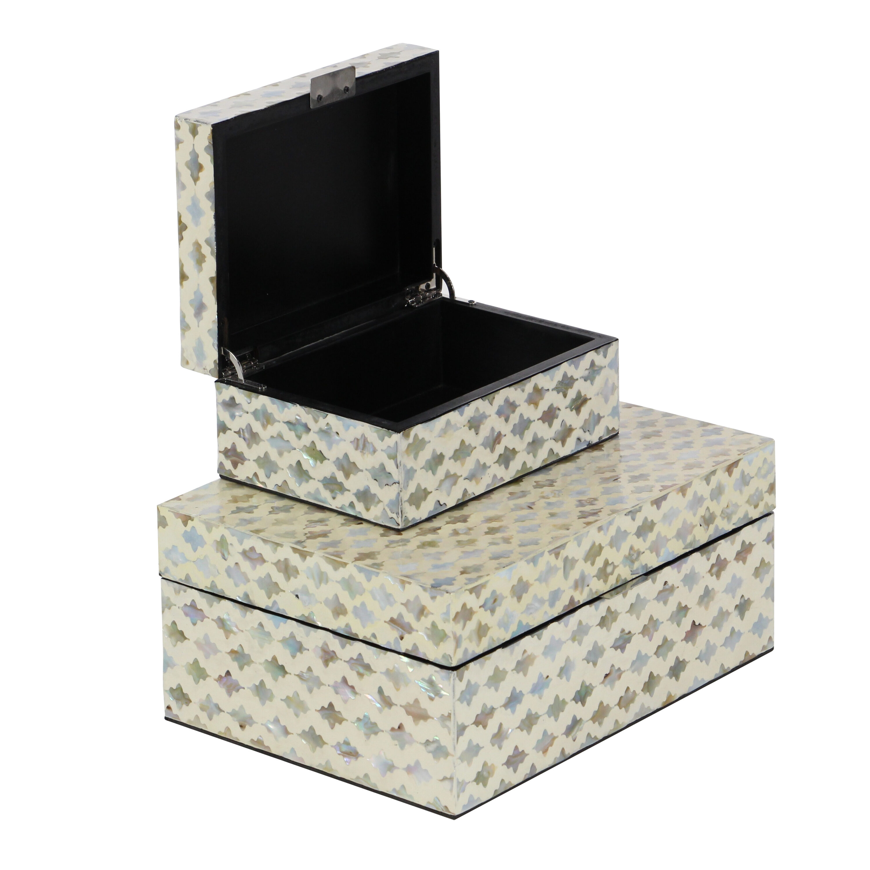 Cream Mother of Pearl Geometric Lidded Jewelry Boxes, Set of 2