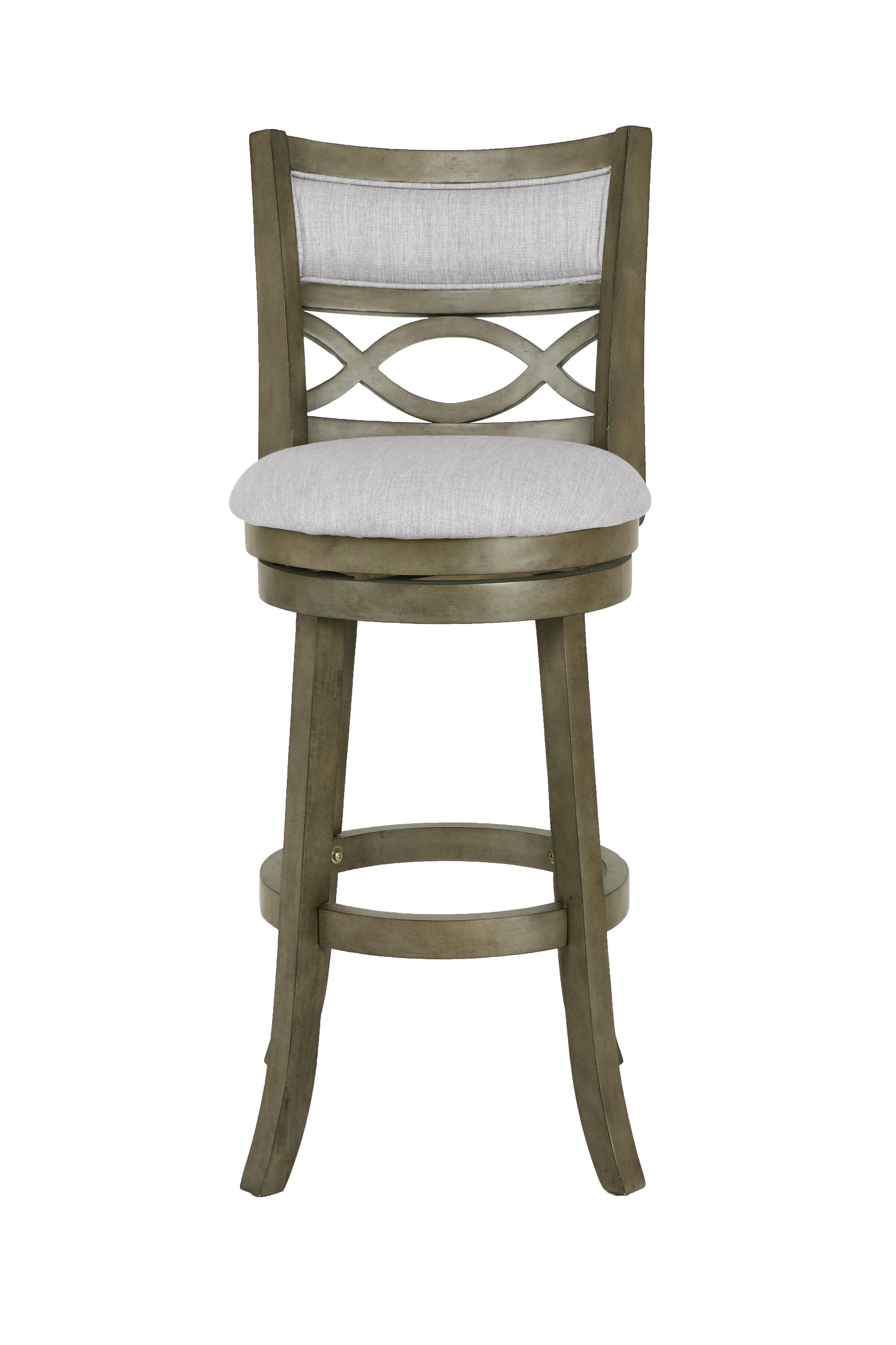 Transitional Gray Swivel Bar Stool in Solid Wood with Carved Back
