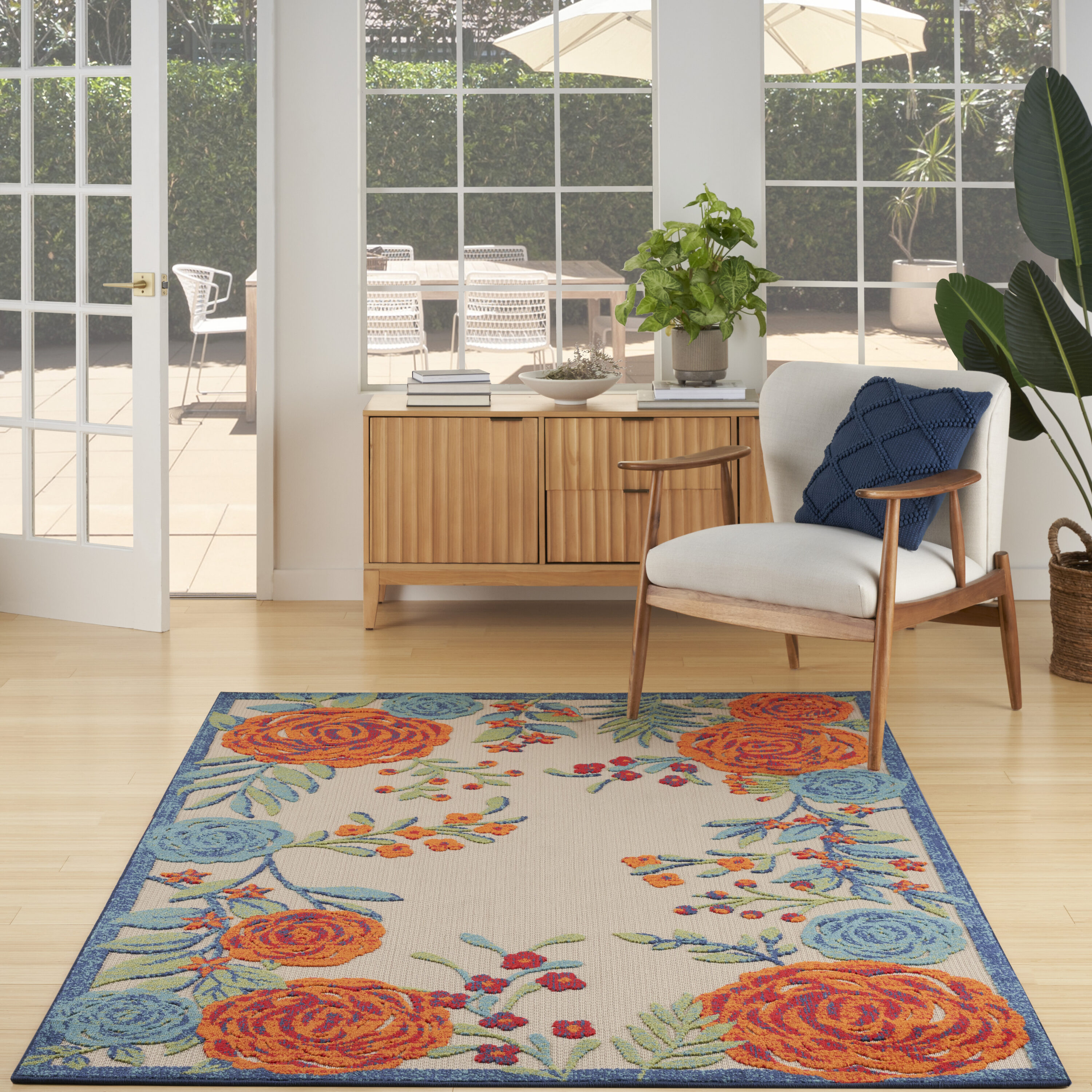 Nourison Home 099446952585 6 x 9 (ft) Loomed Polypropylene Ivory Multicolor Rectangular Indoor/Outdoor Floral/Botanical Tropical Area rug