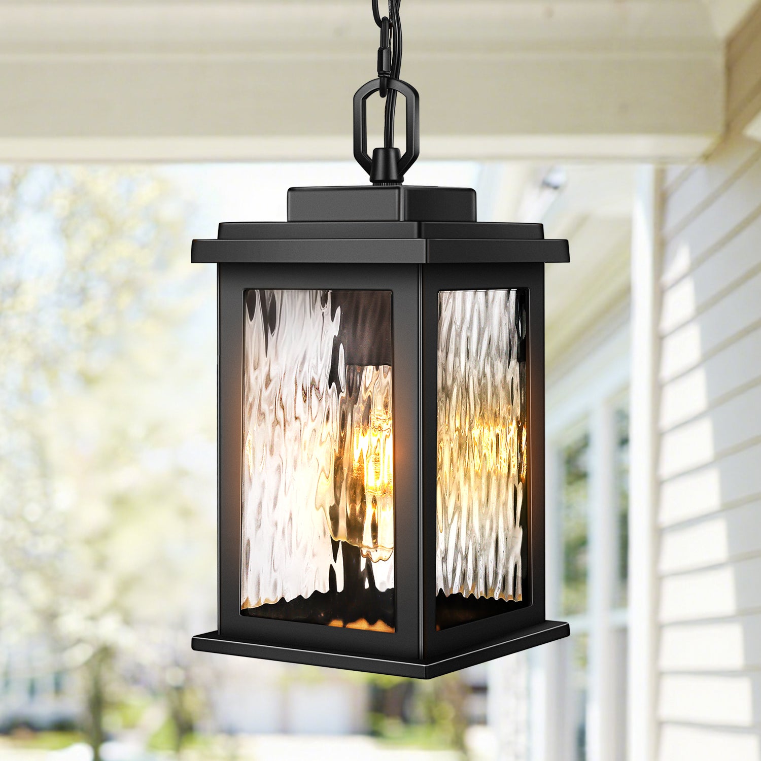 VIANIS 1 -Light Matte Black Transitional Water glass Rectangle Medium Outdoor Hanging Pendant Light