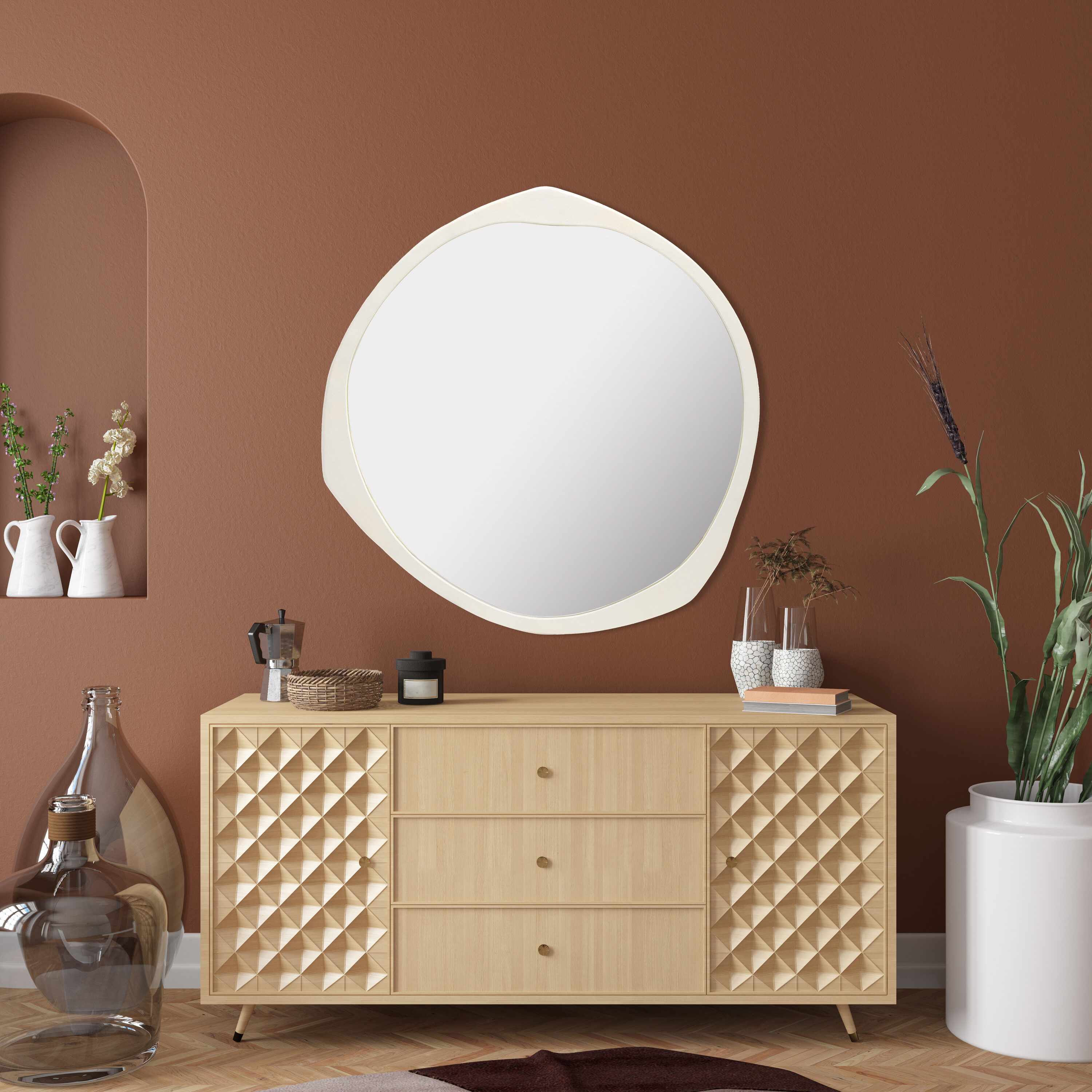 Ivory Round 38" Wood Framed Wall Mirror