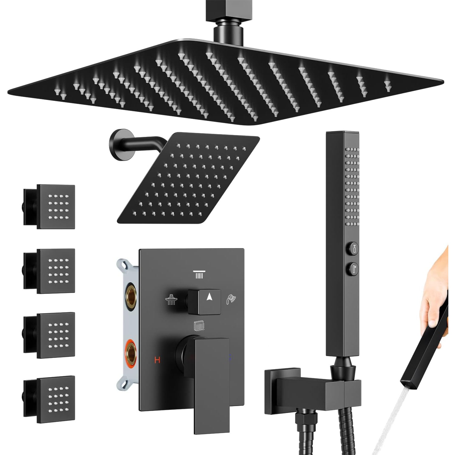 4 Way Matte Black Shower System Set 12 Inch Rainfall Ceiling Shower Head 6 Inch Head 2 in 1 Handheld 4 Body Spray Jets 1 Set