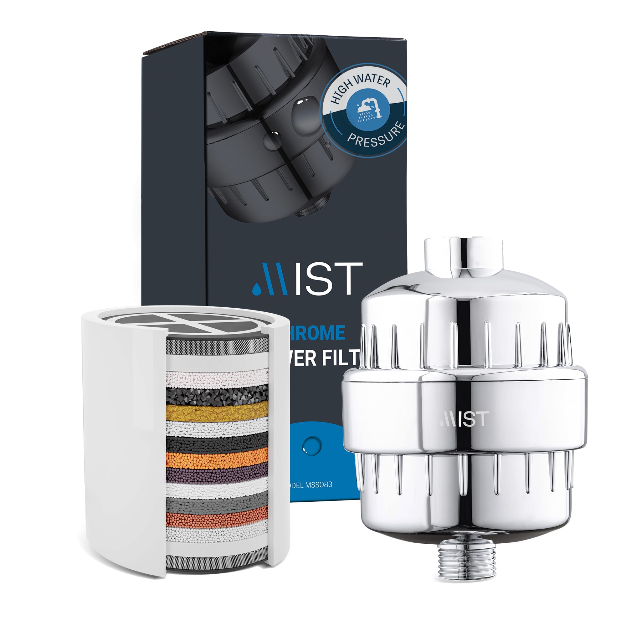 Mist MSS083 Chrome Shower Filter Replaceable Cartridge, Easy to Install Chrome Carbon block Shower Head Filter 6-Months -Filter Life