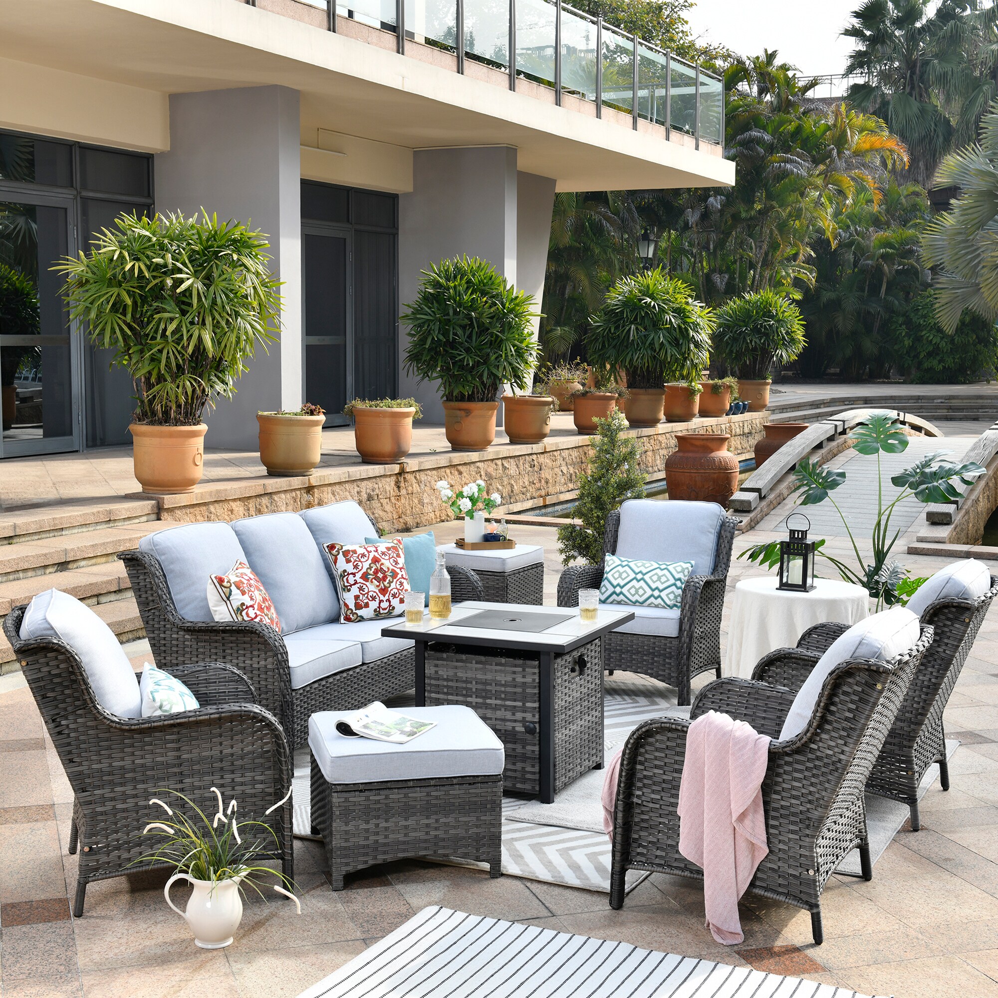 Pouuin 8-Piece Rattan Patio Conversation Set with Gray Olefin Cushions ...