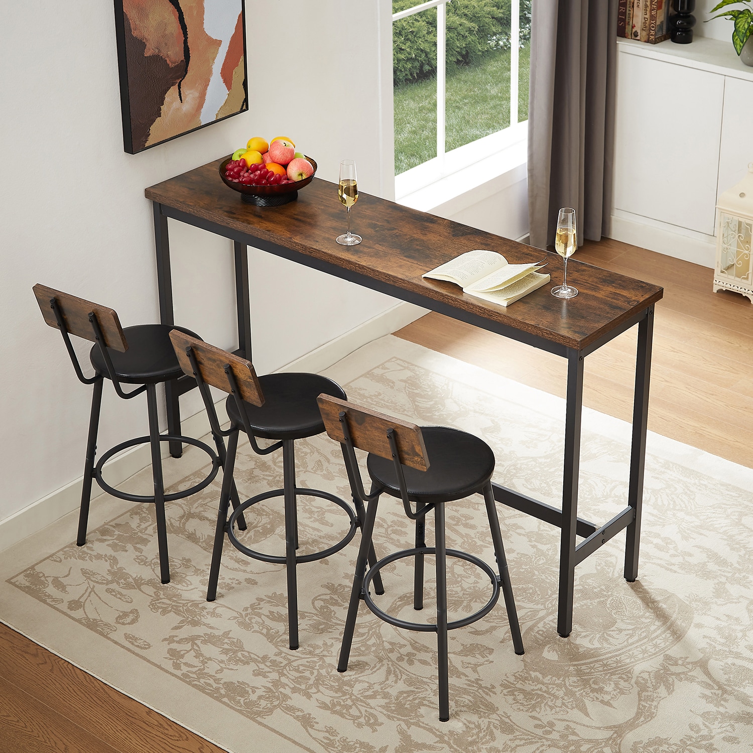 GZMR GZ-CZ7059 Long Bar Table Set Rustic Brown Contemporary/Modern Dining Room Set with Rectangular Table ( Seats 3 )