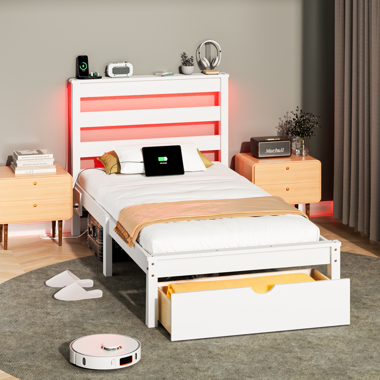 Outopee Twin White Wood Platform Bed Storage with Headboard