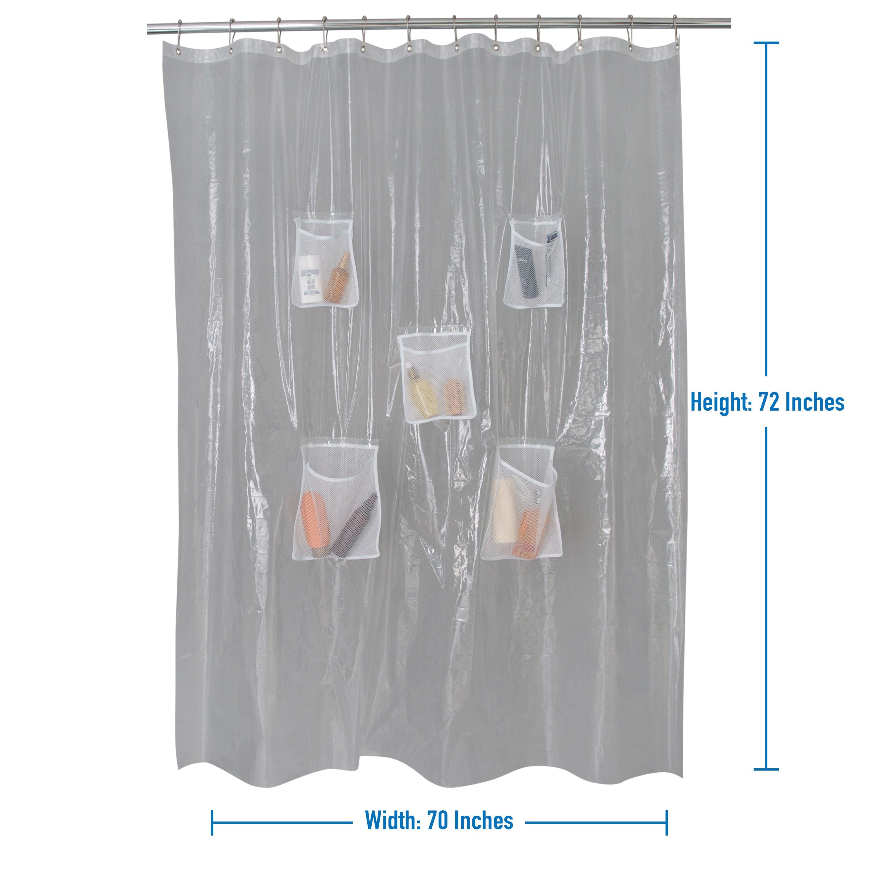 Mesh Pockets PEVA Shower Curtain Multi-Purpose Bathroom Storage