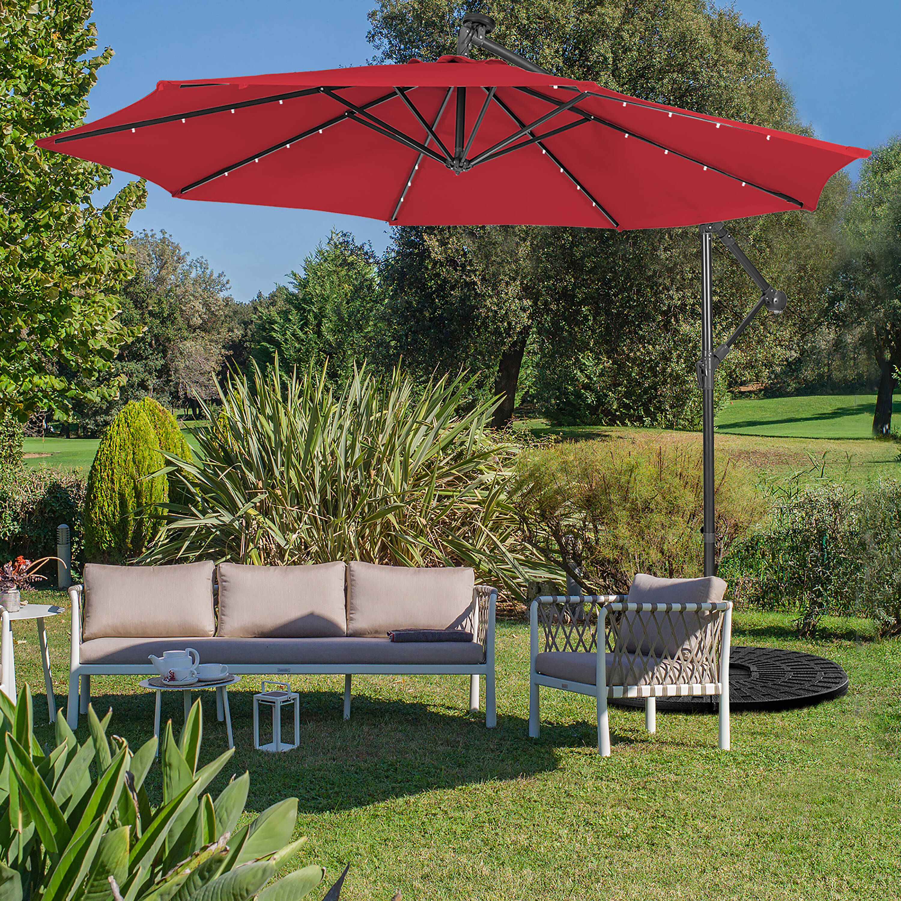 Wine Red 10ft Steel Cantilever Patio Umbrella with LED Lights