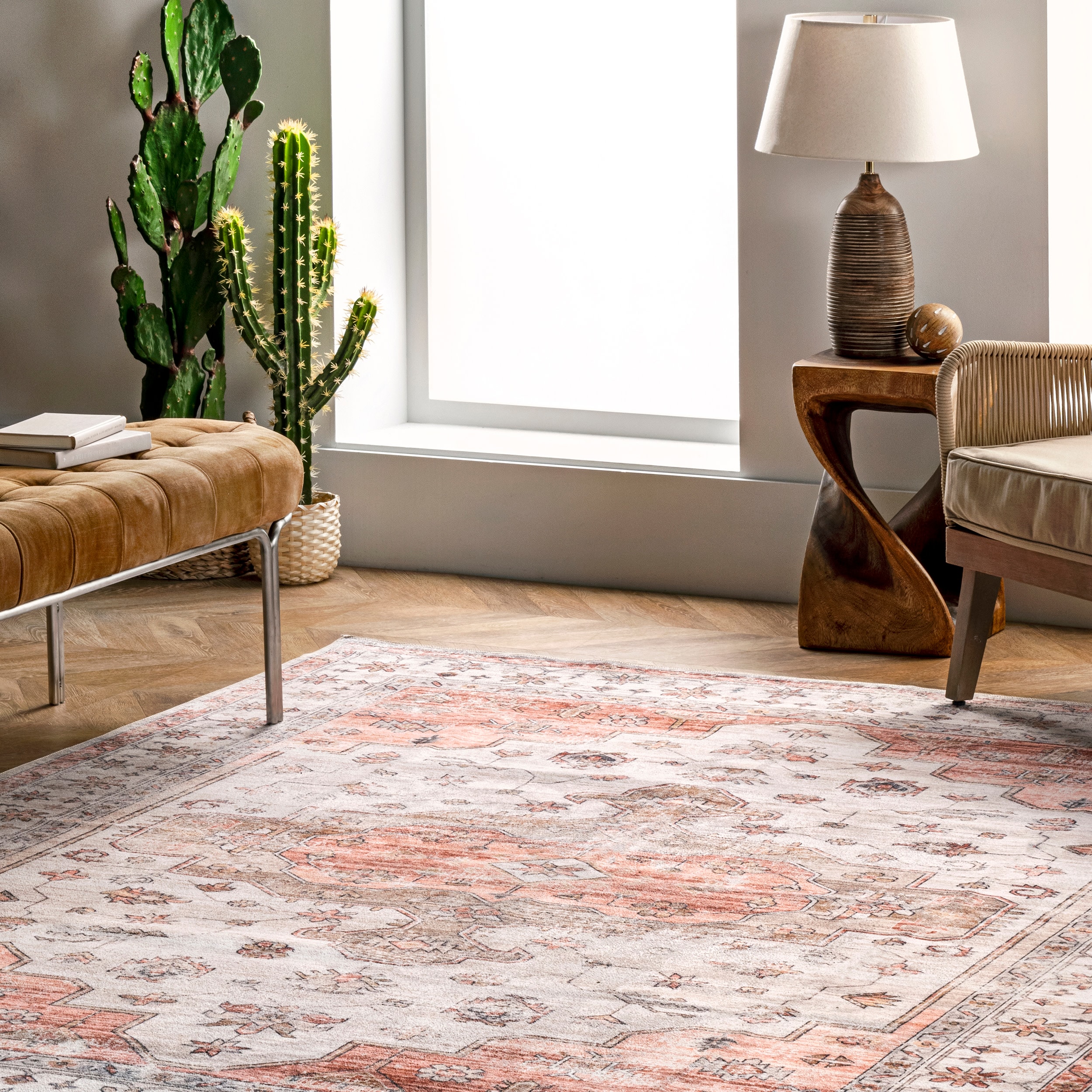 Vintage Beige and Tan Round Synthetic Washable Area Rug, 6'