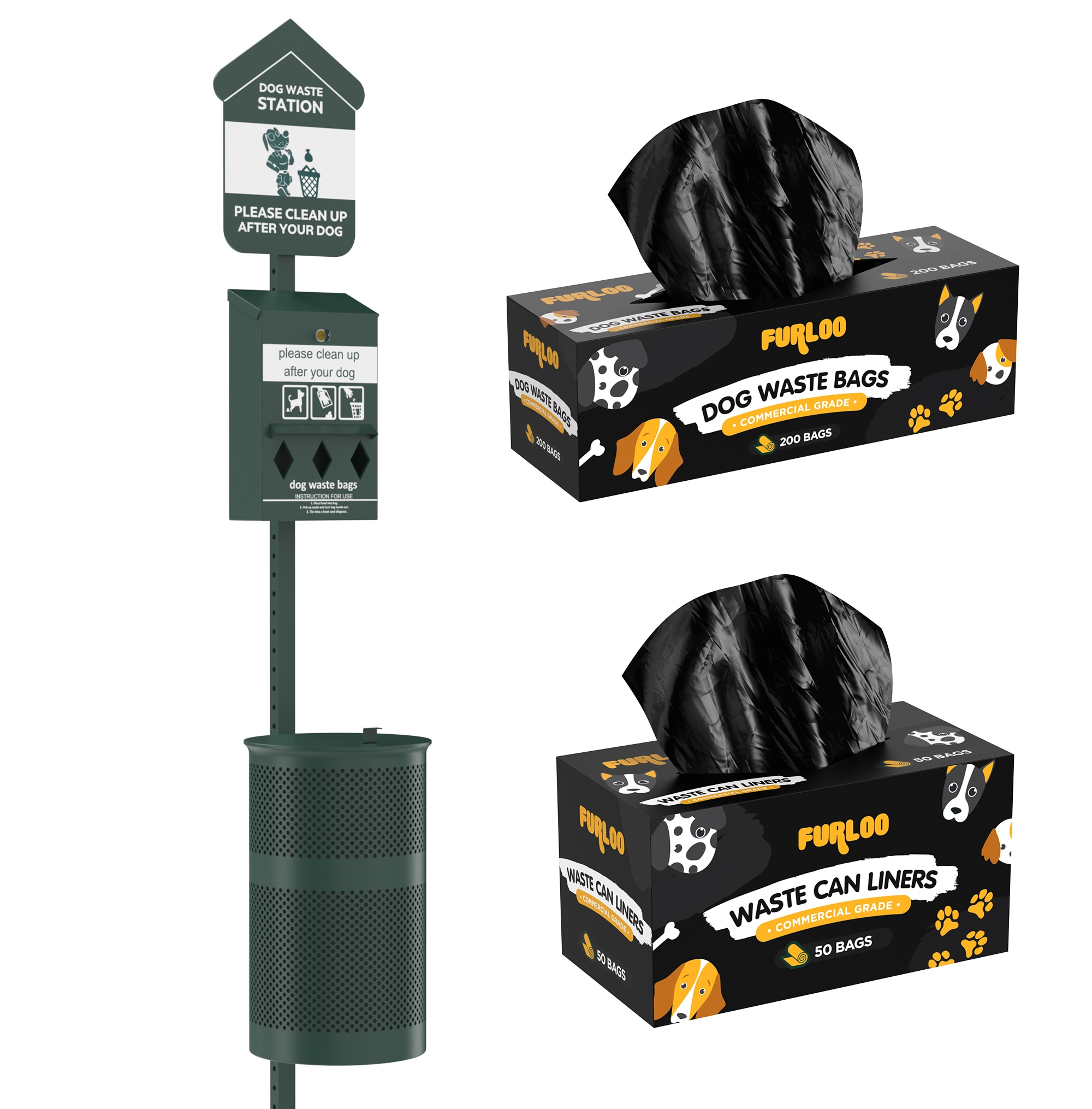 Furloo  Outdoor Pet Waste Station Starter Kit with Dog Waste Roll Bag Dispenser and 2000 Bags plus 50 Trash Bag Liners