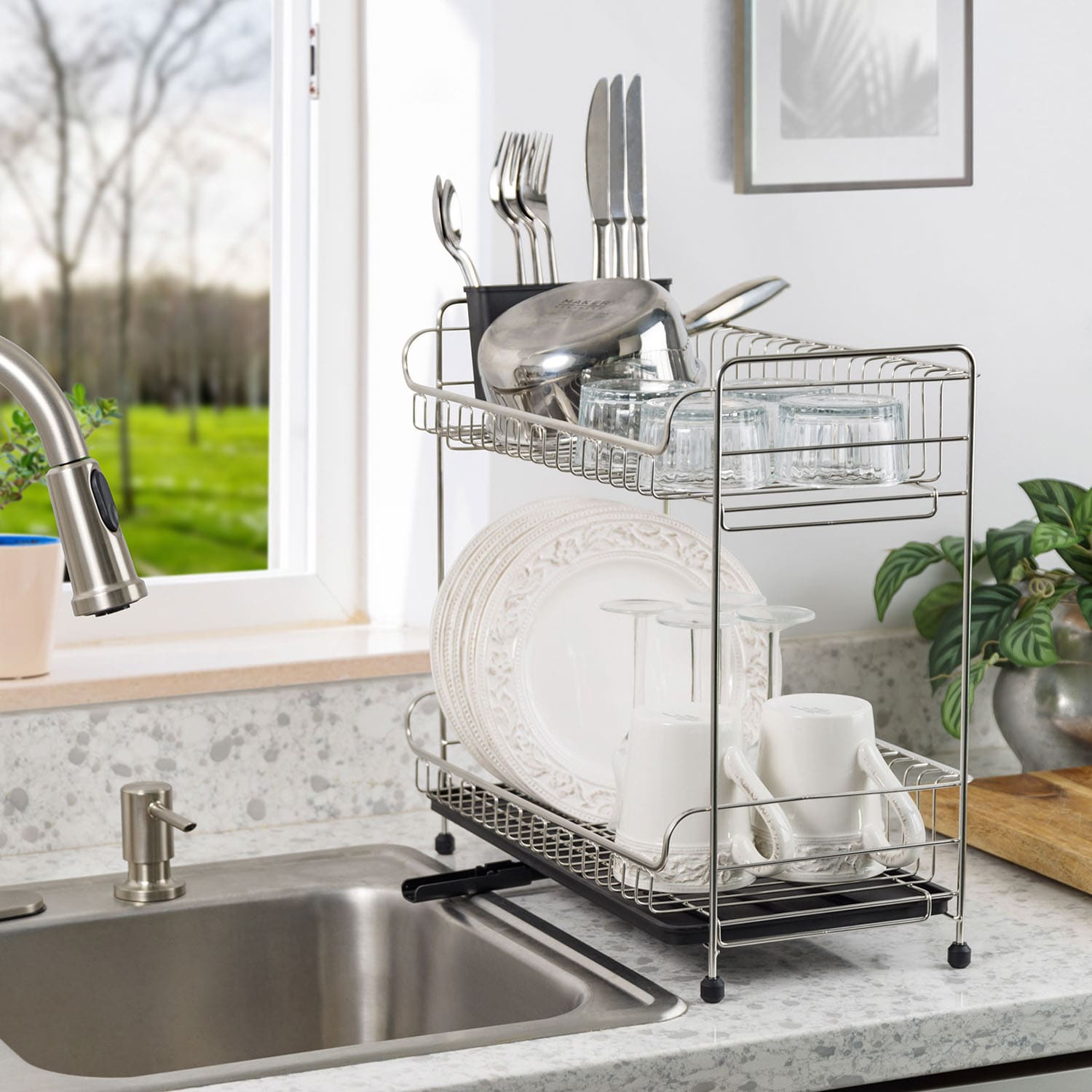 IRIS Stainless Steel 2-Tier Compact Dish Rack with Black Tray