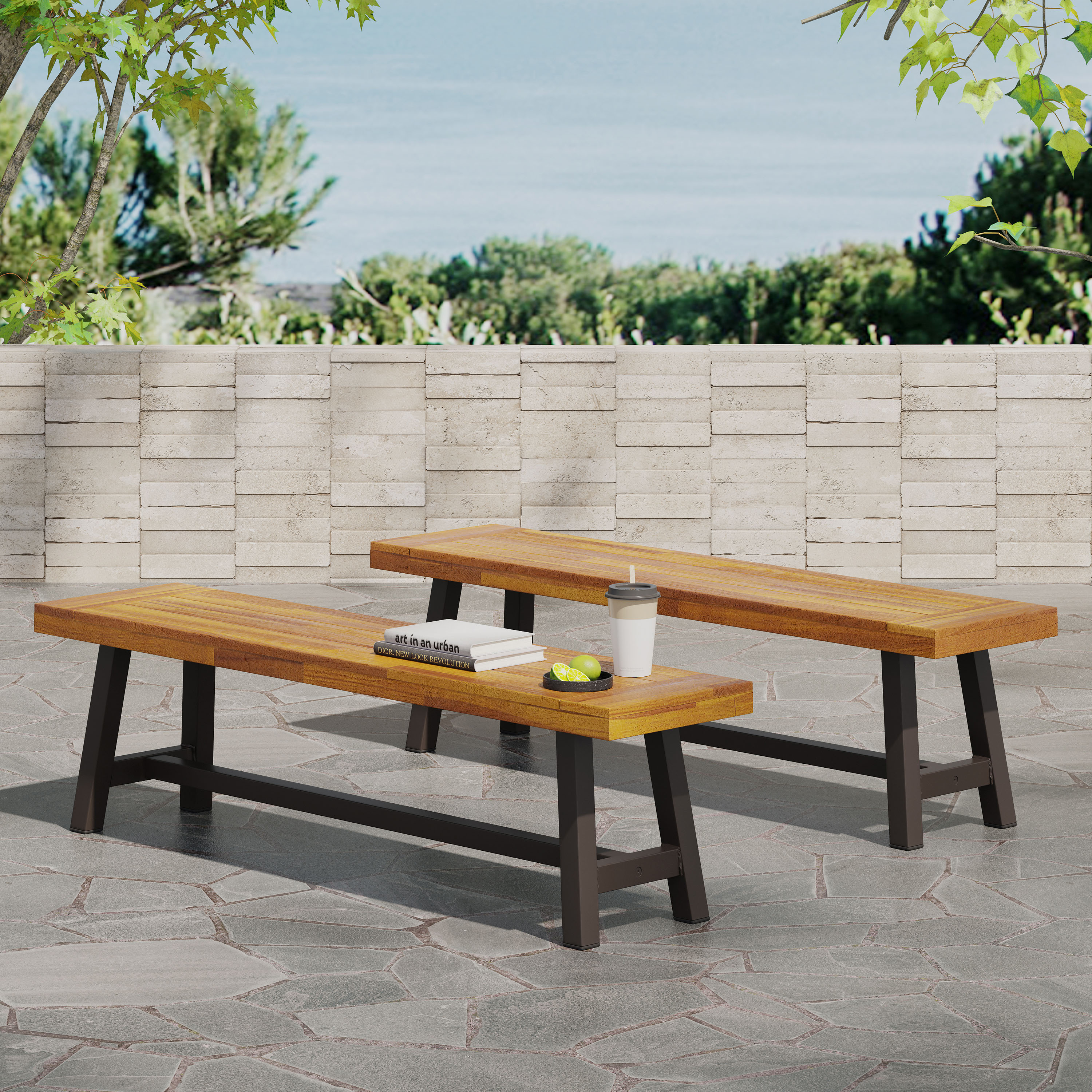 ModernLuxe Assembly Required Outdoor Carlisle Benches Sandblasted Brown  Rustic Metal Set of 2
