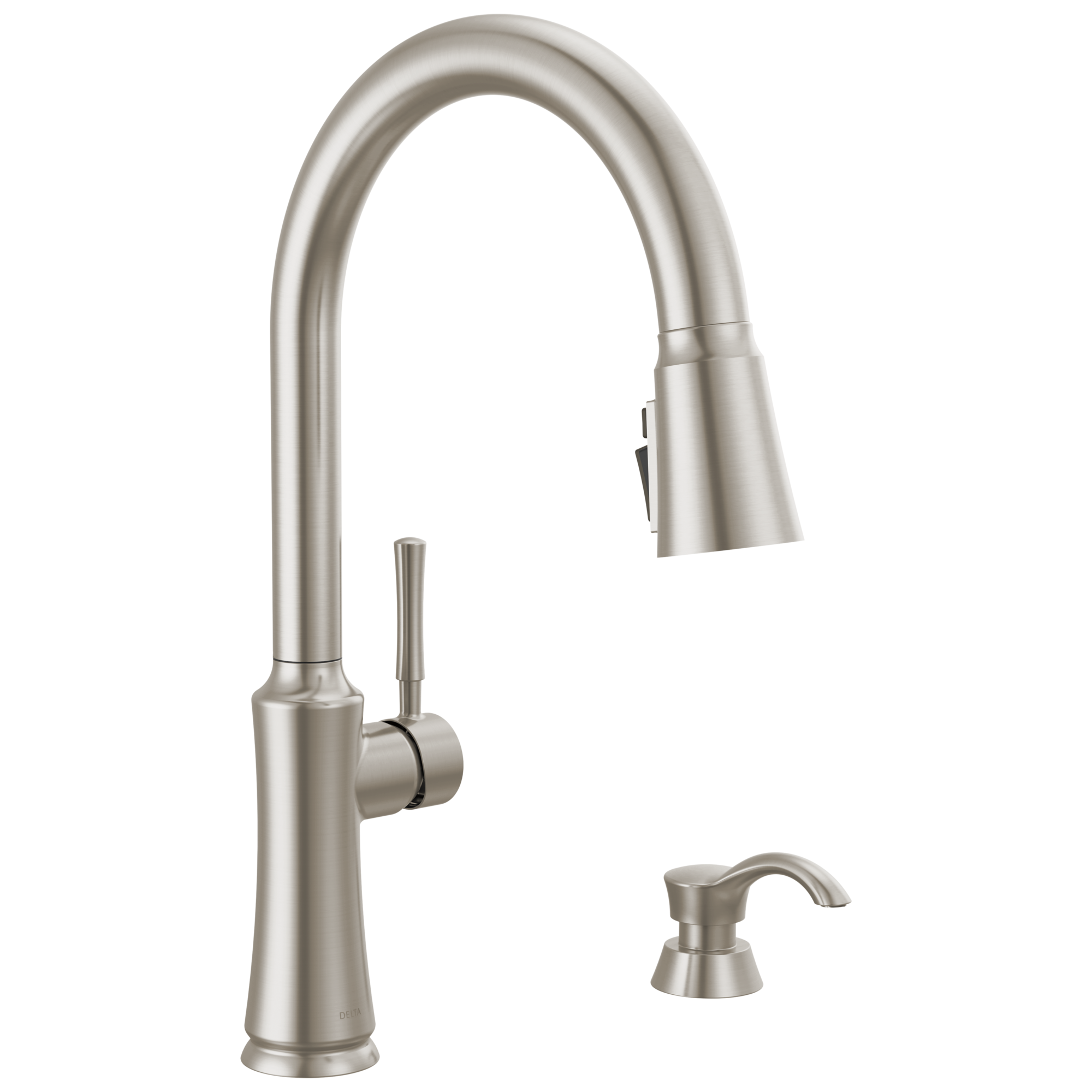 Chalet Stainless Steel Single Handle Pull-down Kitchen Faucet with Sprayer (Deck Plate and Soap Dispenser Included) | - Delta 19871Z-SPSD-DST