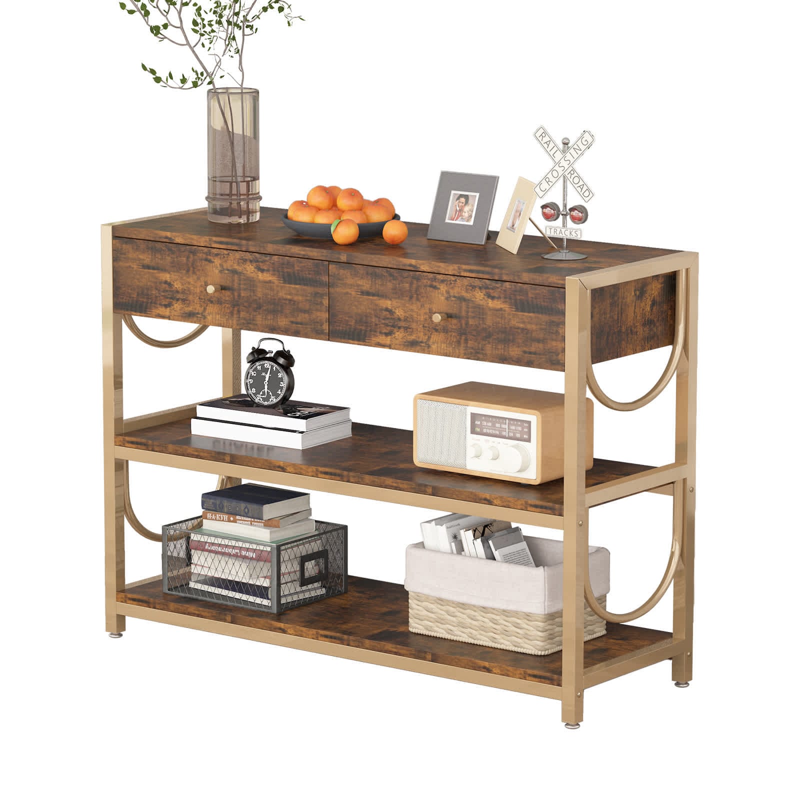 Qeetex JXNAG-PHO-0ZC7XEYD Console Table with Drawers and 3-Tier Storage Shelves Sofa Table for Living Room Entryway Table with Storage Behind Couch Table Hallway Table for Foyer Bedroom Kitchen-Rustic Brown