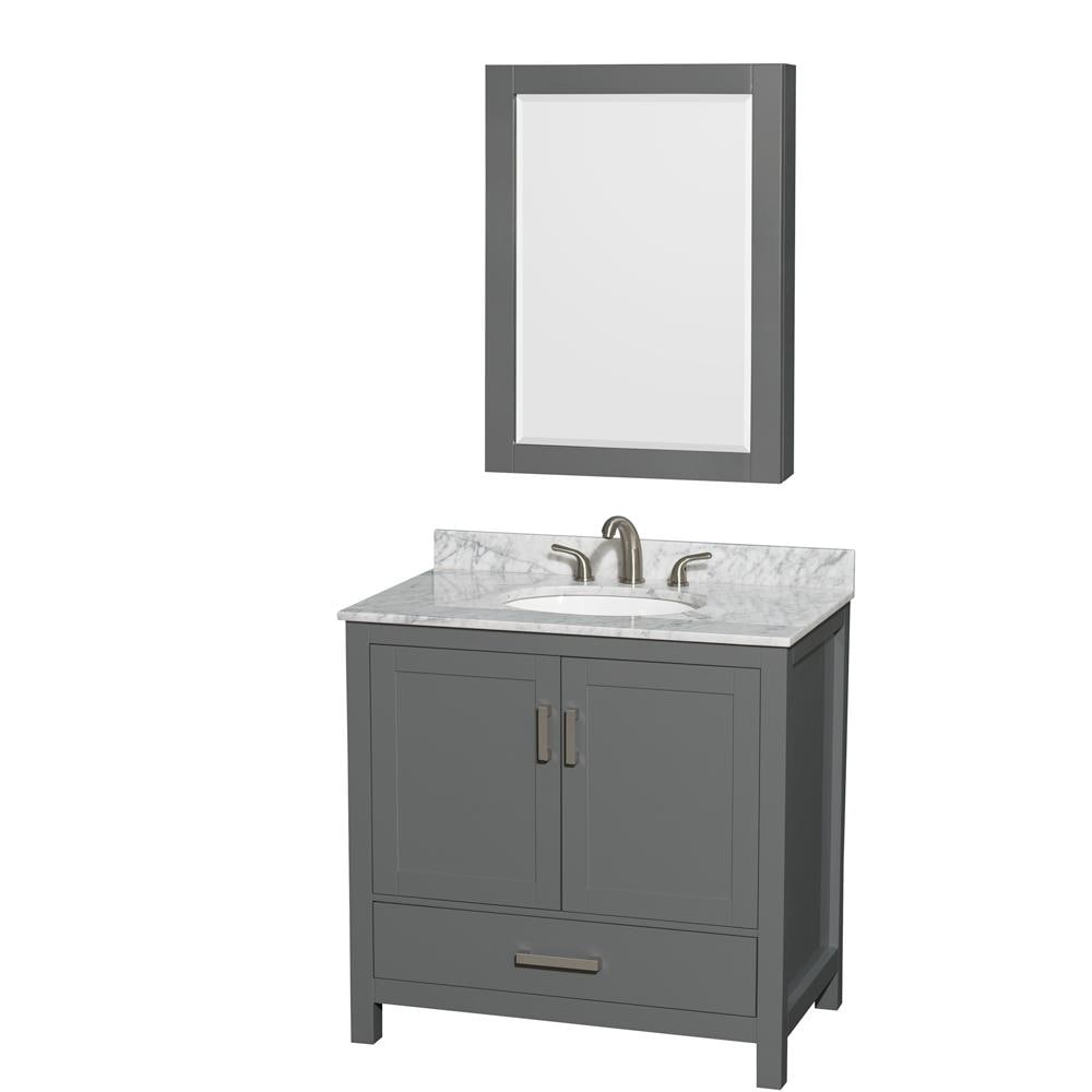 Wyndham Collection WCS141436SKGCMUNOMED Sheffield 36-in Dark Gray with Brushed Chrome Trim Undermount Single sink Bathroom Vanity with White Carrara Marble Natural marble Top (Mirror Included)