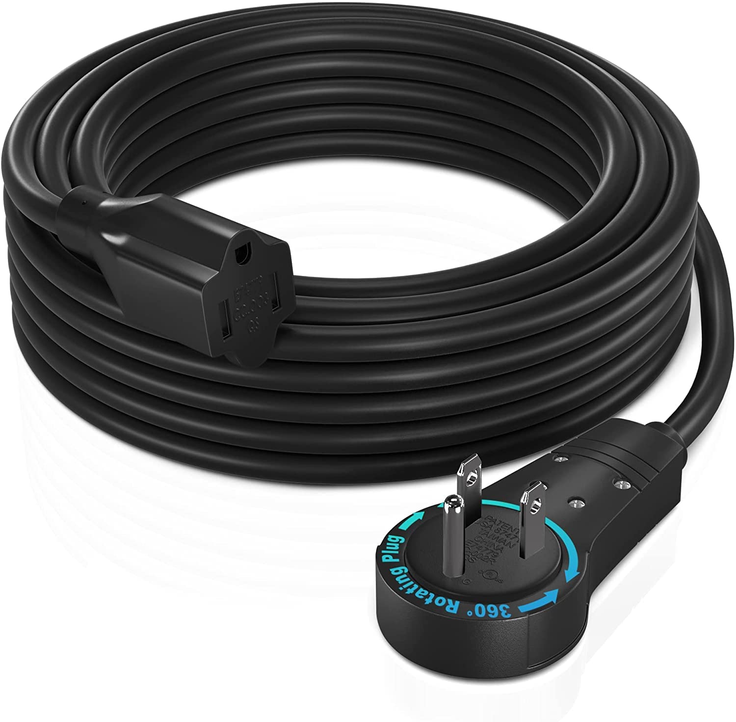 Maximm 25 Feet 360 Rotating Flat Plug Extension Cord/Wire - 3 Prong Grounded Wire 16 Awg Power Cord - Black UL Certified