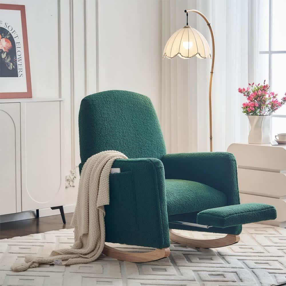 Coolbibila HOLDEN-CHAIR-GREEN Modern Green Teddy Rocking Chair with Adjustable Footrest and Wooden Legs for Living Room Nursery